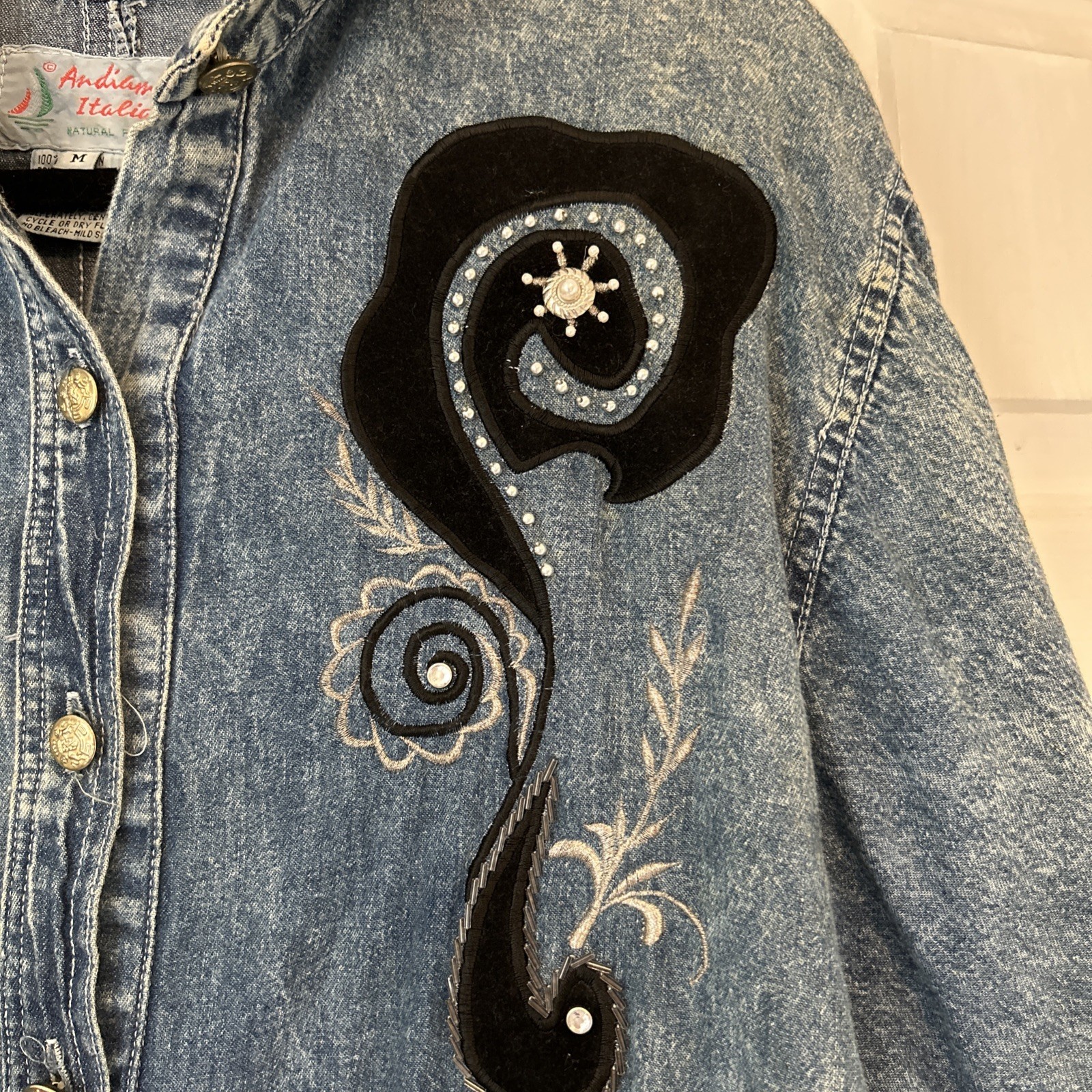 Vintage 80s Denim Dress Medium Andiamo Italia Western Country Embroidered