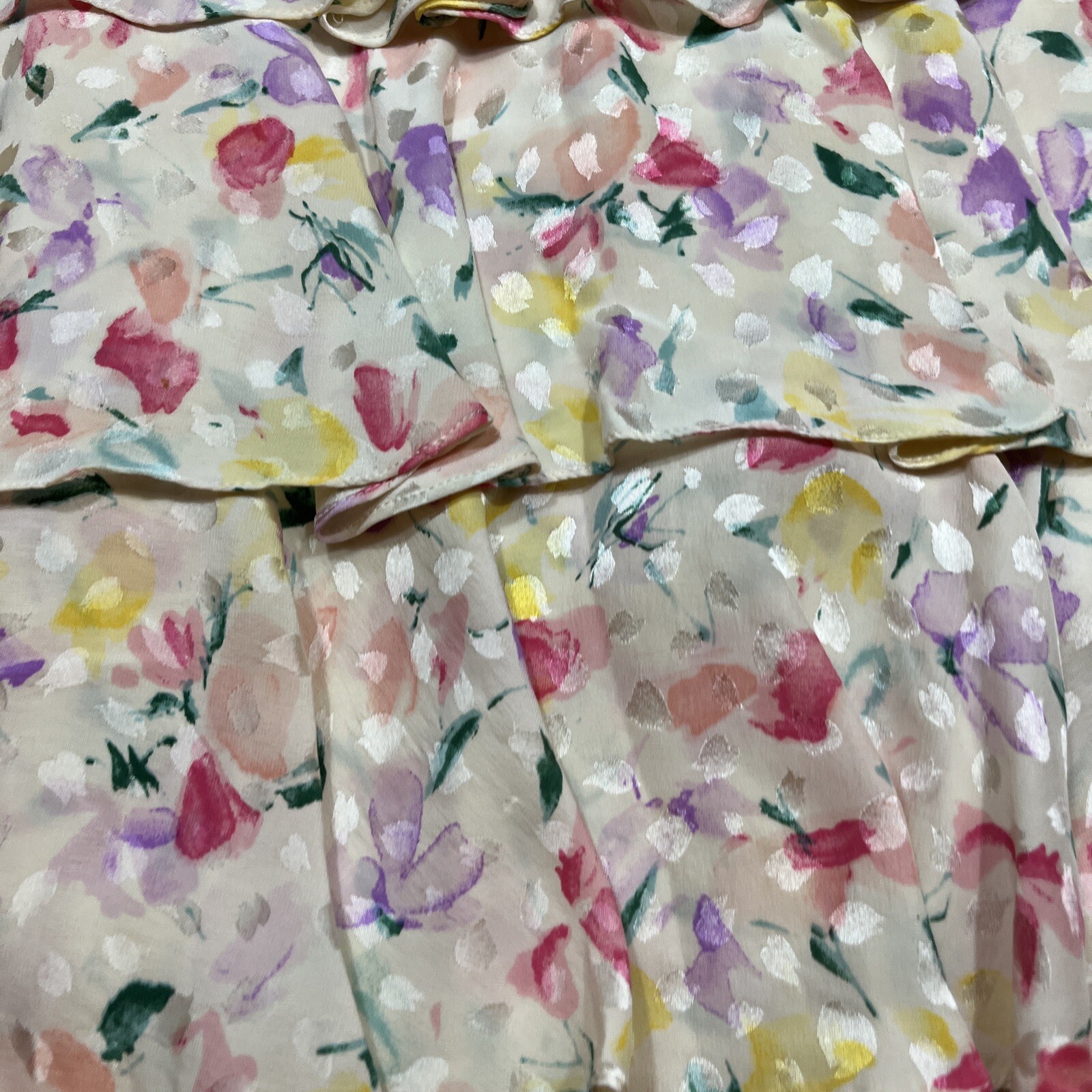 Floral SILK TIERED RUFFLES DRESS WHIMSY Fairy COQUETTE prairie Yellow Pink Sz 14