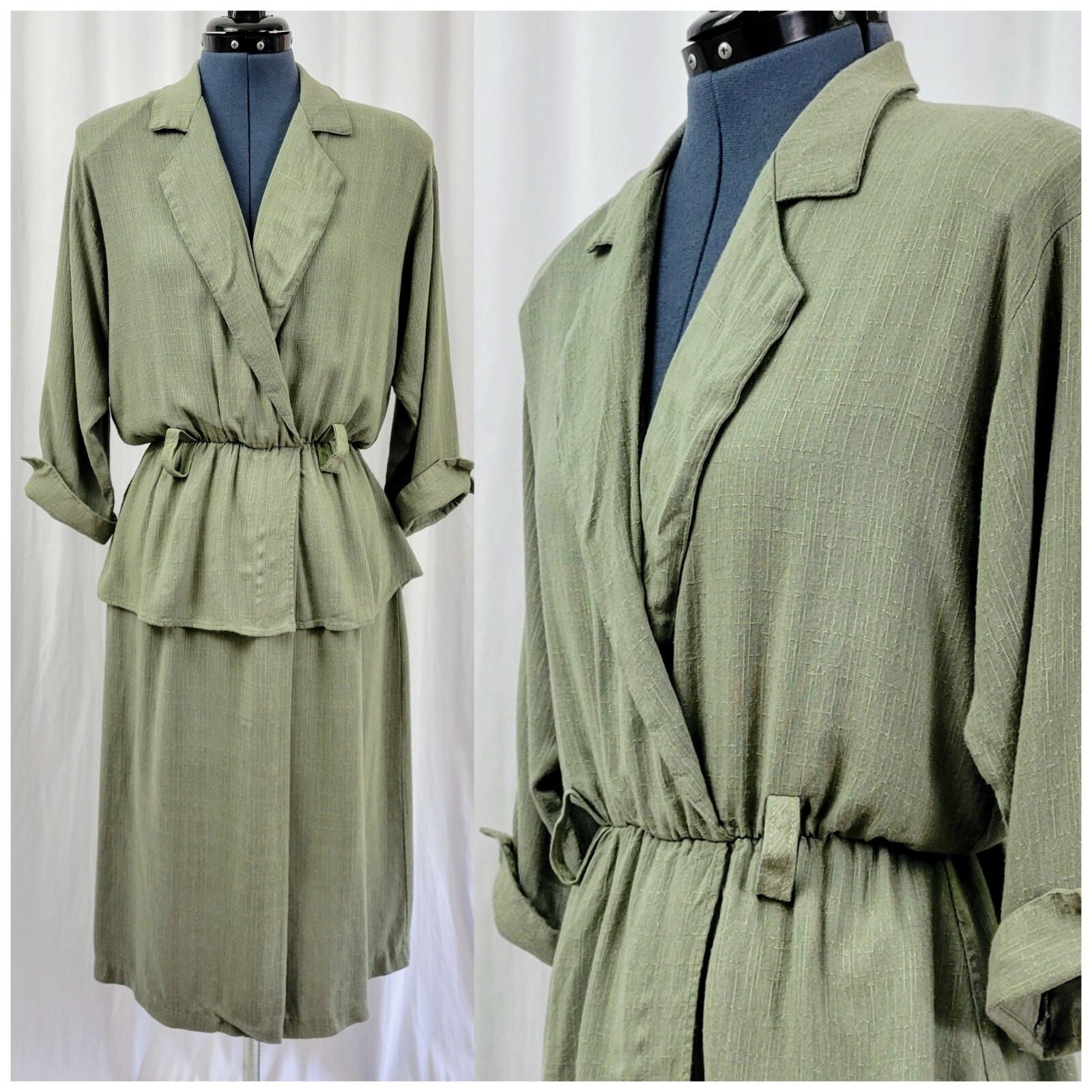 Vintage Blondie & Me Sage Green Faux Wrap Dress w Peplum Size 13/14