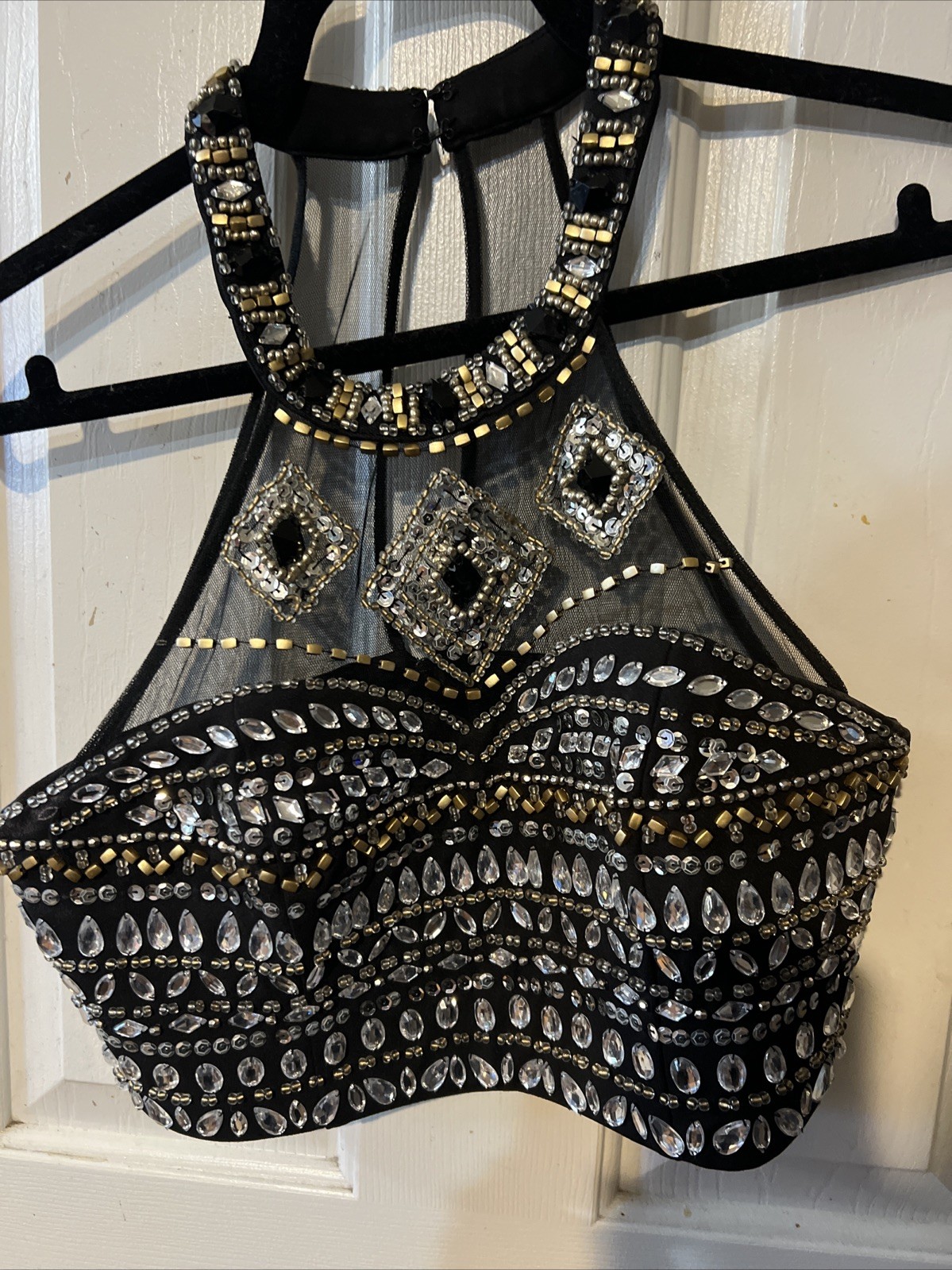 Retro Vintage Y2k 90 Black Sequin Beaded Top 11 Mesh Cropped Goth Bling festival