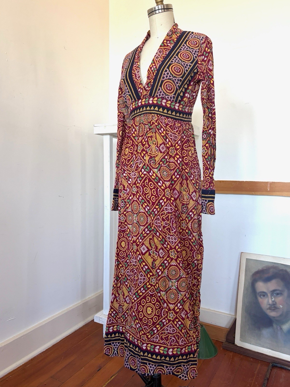 60s 70s Artisan Printed Pakistani Cotton Boho Hippie Empire Waist Maxi Dress XS