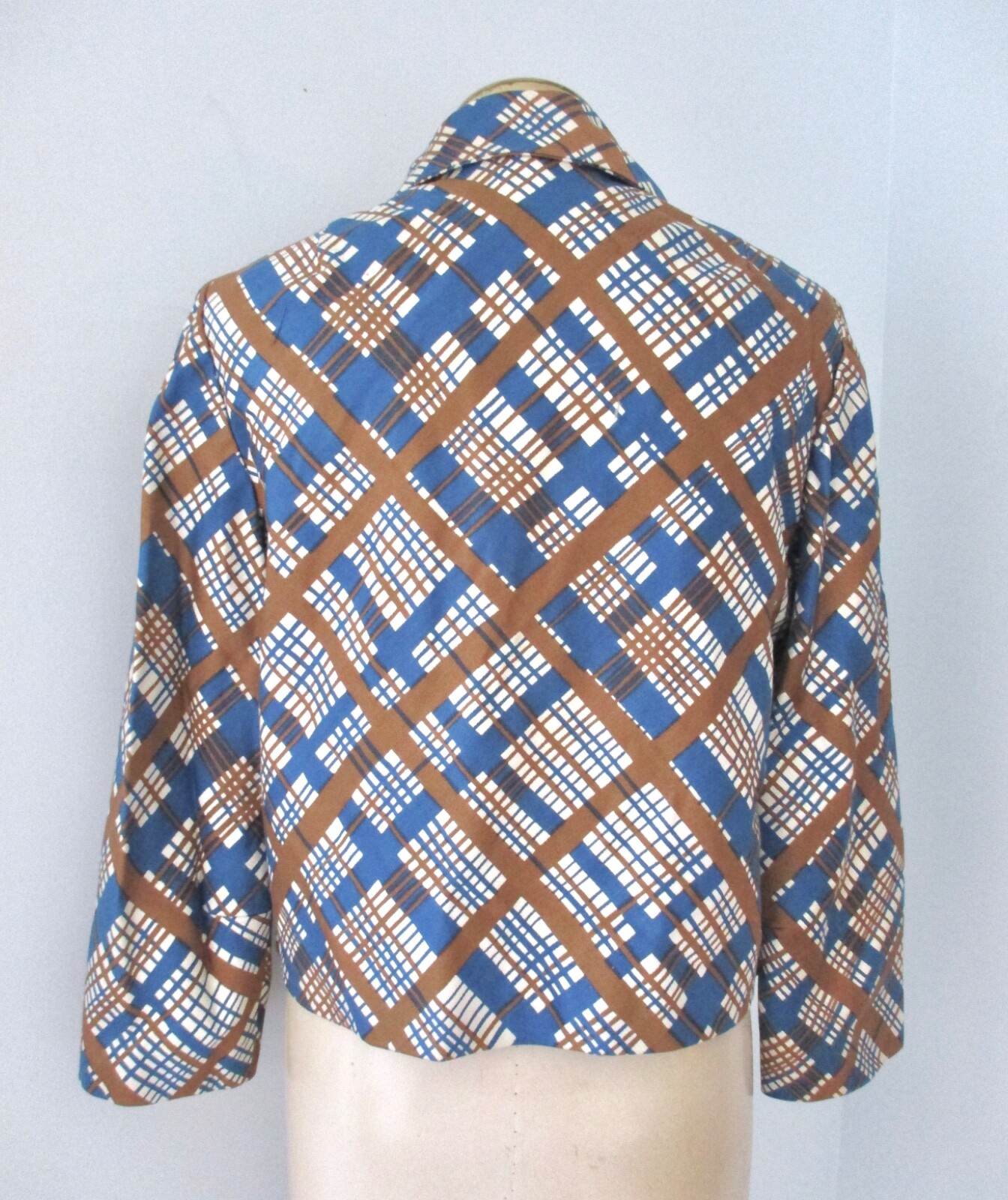 Vtg 60s 70s blue gold plaid cotton twill 2-pc dress jacket secretary suit 14