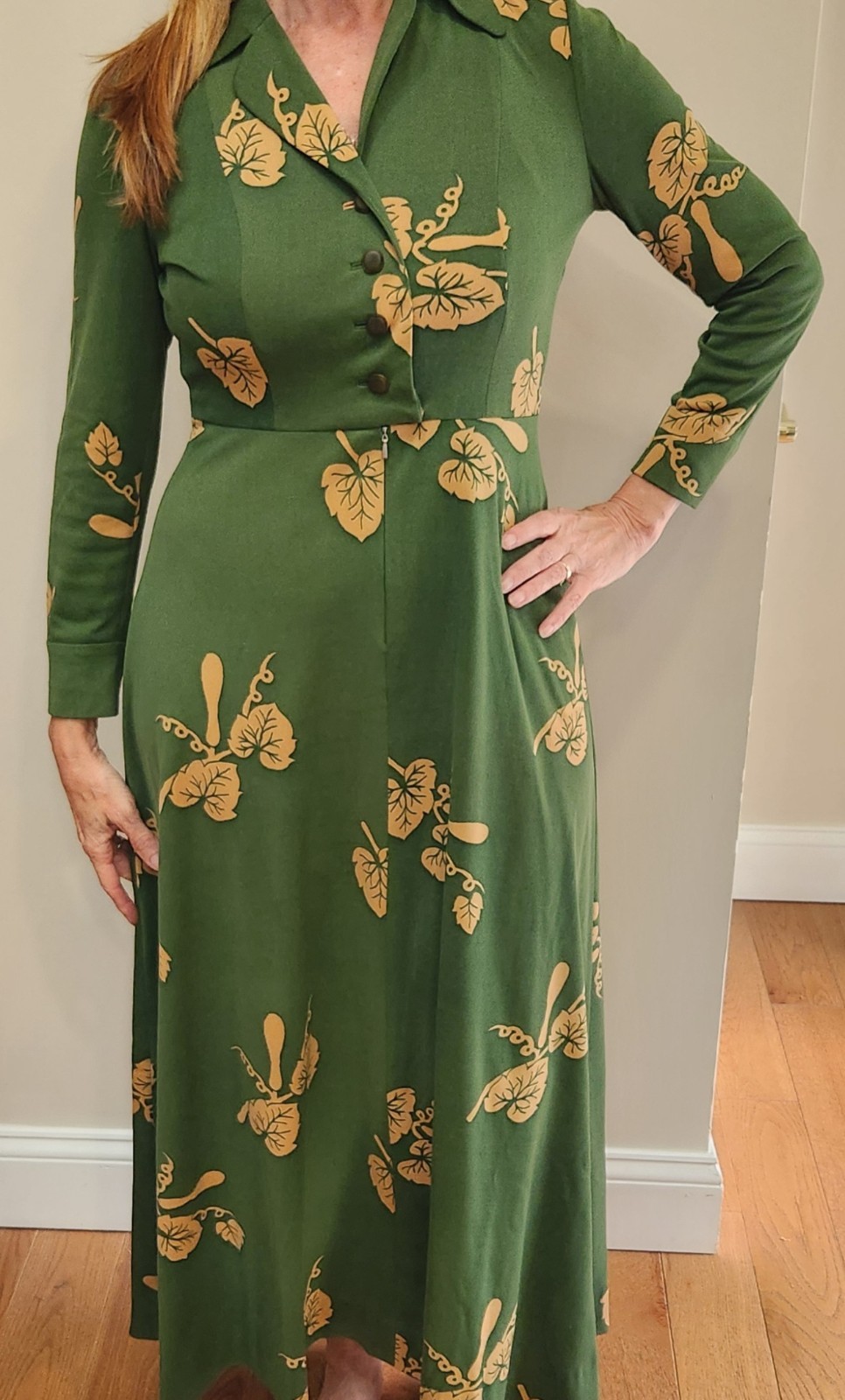 Vtg Handmade Dress Botanical Leaf Green 1970s 80’s Full Length Size 6