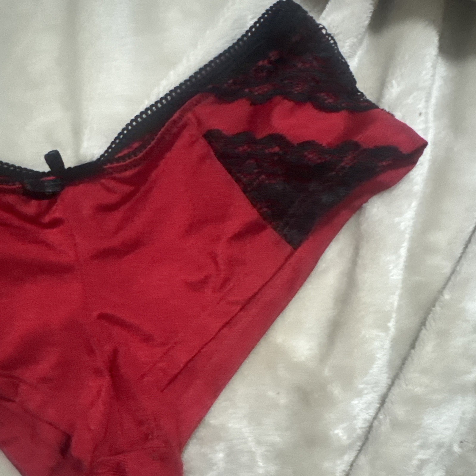 Vintage Black Fuchsia Satin Red Black Lace Sides Bikini Panty Stretch Sexy