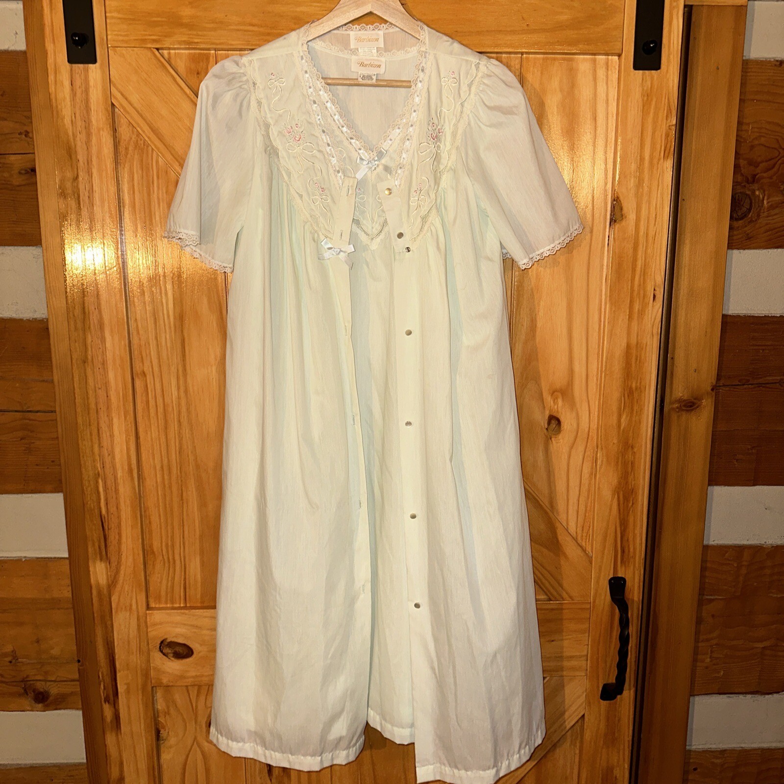 VTG 1960 Barbizon Green Lace Ribbon Rose Nylon Cotton Nightgown & Robe Set Small