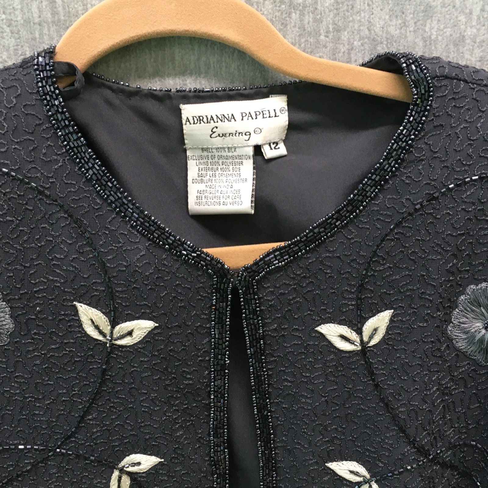 Adrianna Papell Evening Womens 12 Grey Beaded Sequin 100%Silk Long Sleeve Jacket