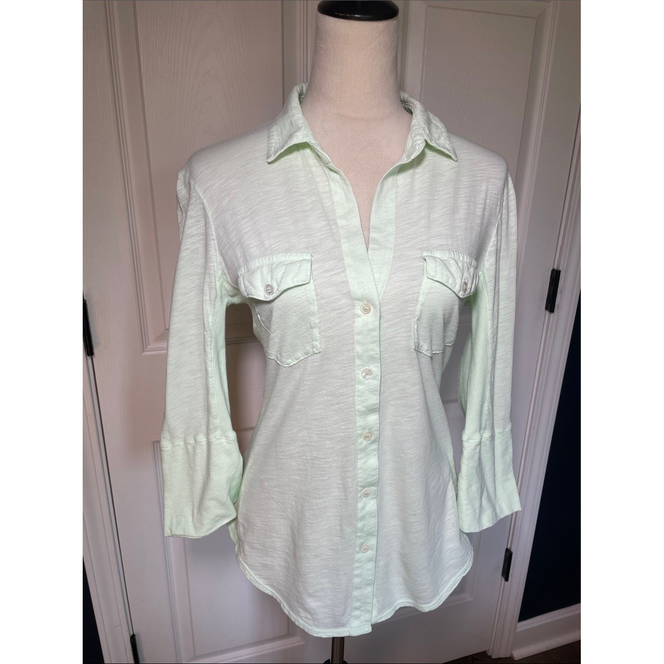 James Perse Sheer Slub Side Panel Sea Foam Green Button Down Shirt Size Large