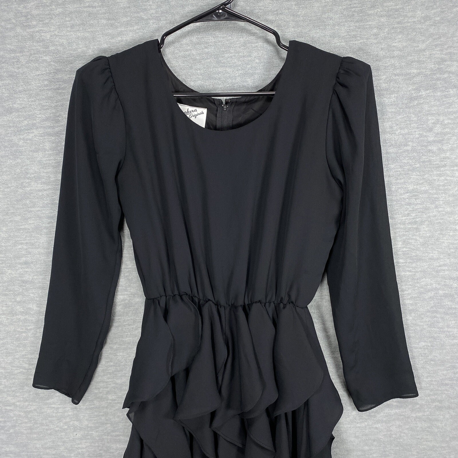 Vintage Claralura Originals Black Cocktail Dress 8 Midi Tiered Ruffles Gothic