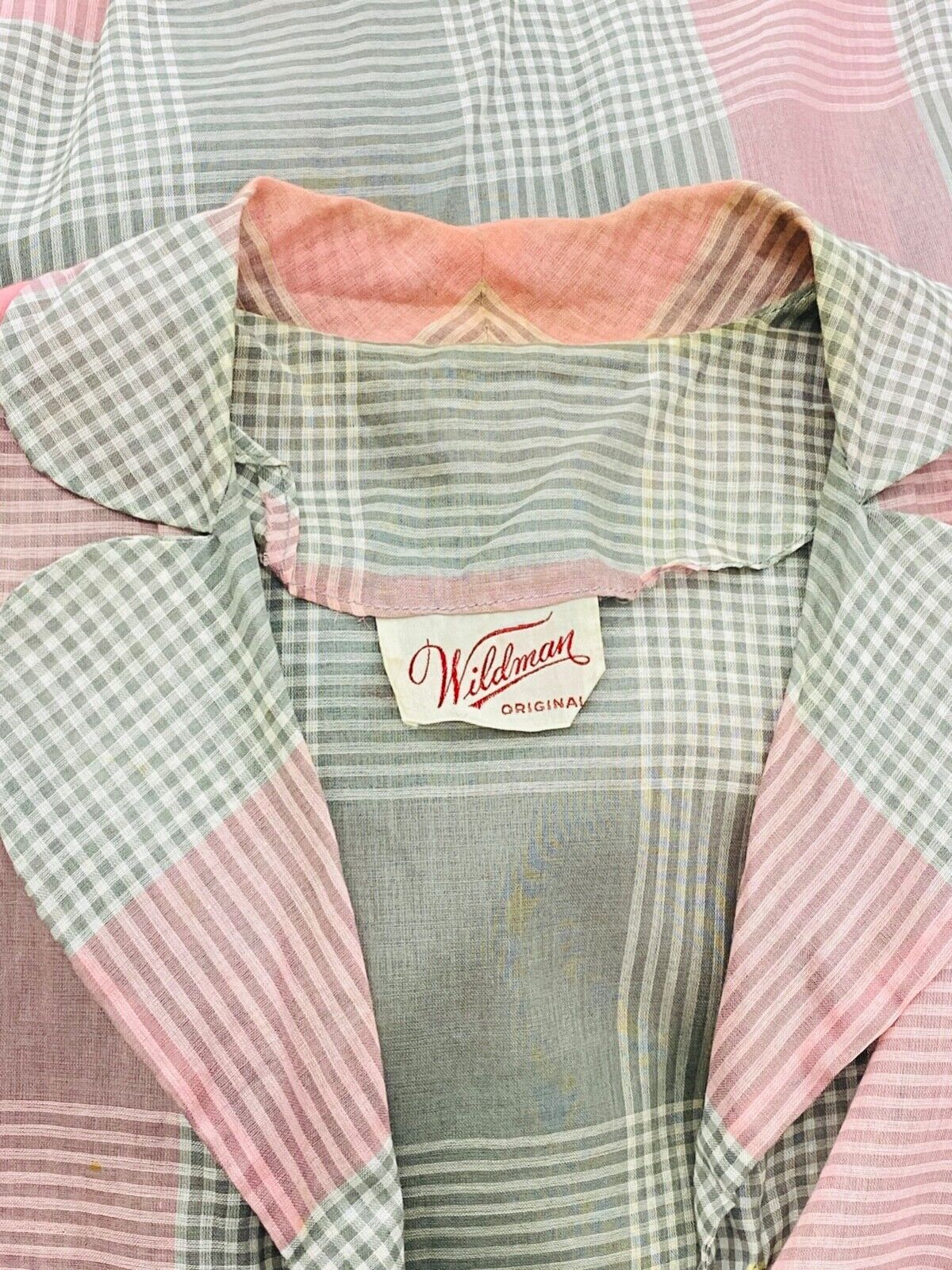 Vintage 1950s pink gray plaid dress cotton sheer short sleeve 1940s XL plus size