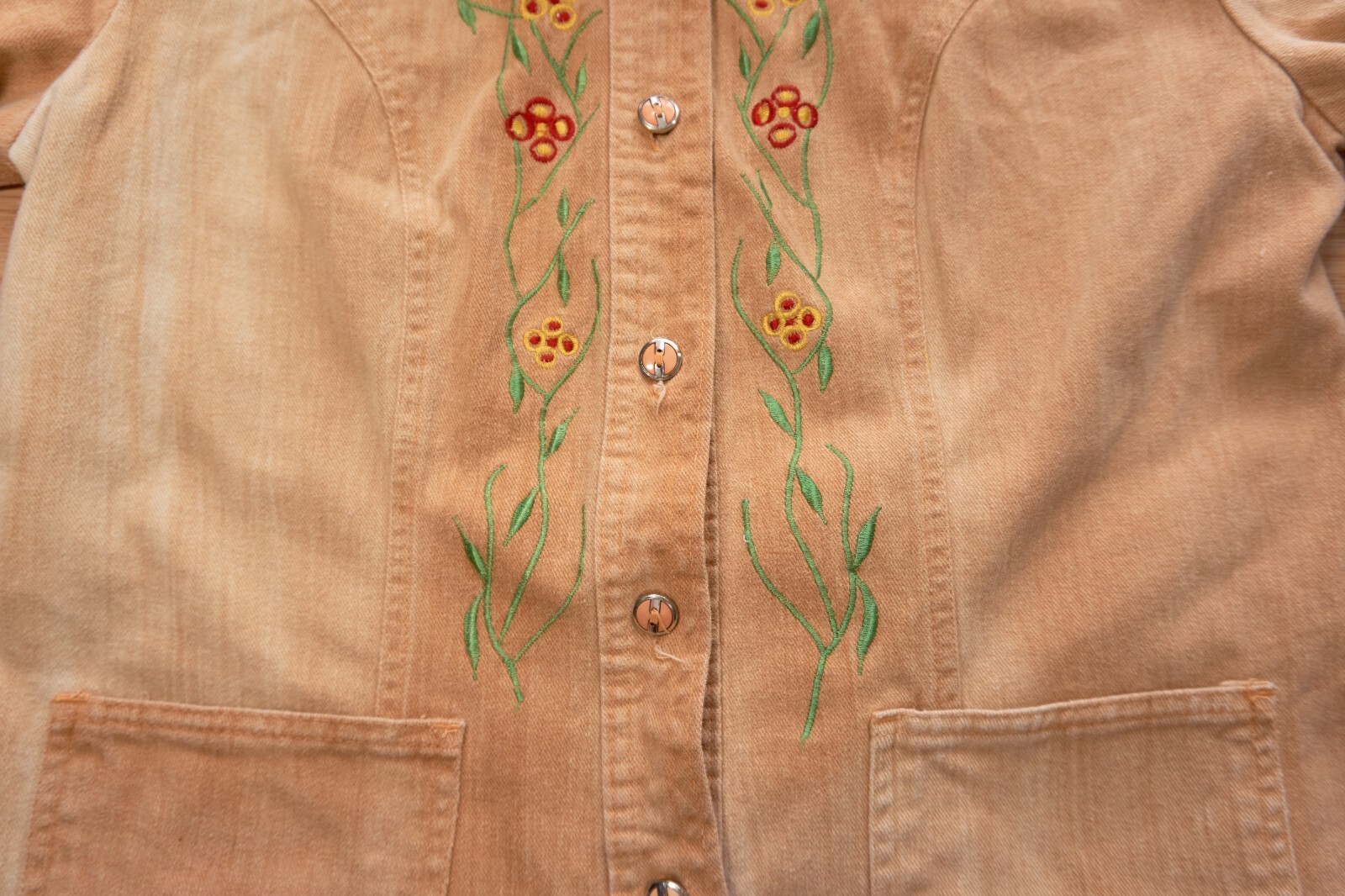 Vintage John Galliano Tan Denim Embroidered Jacket, Size 18, Made in Hong Kong