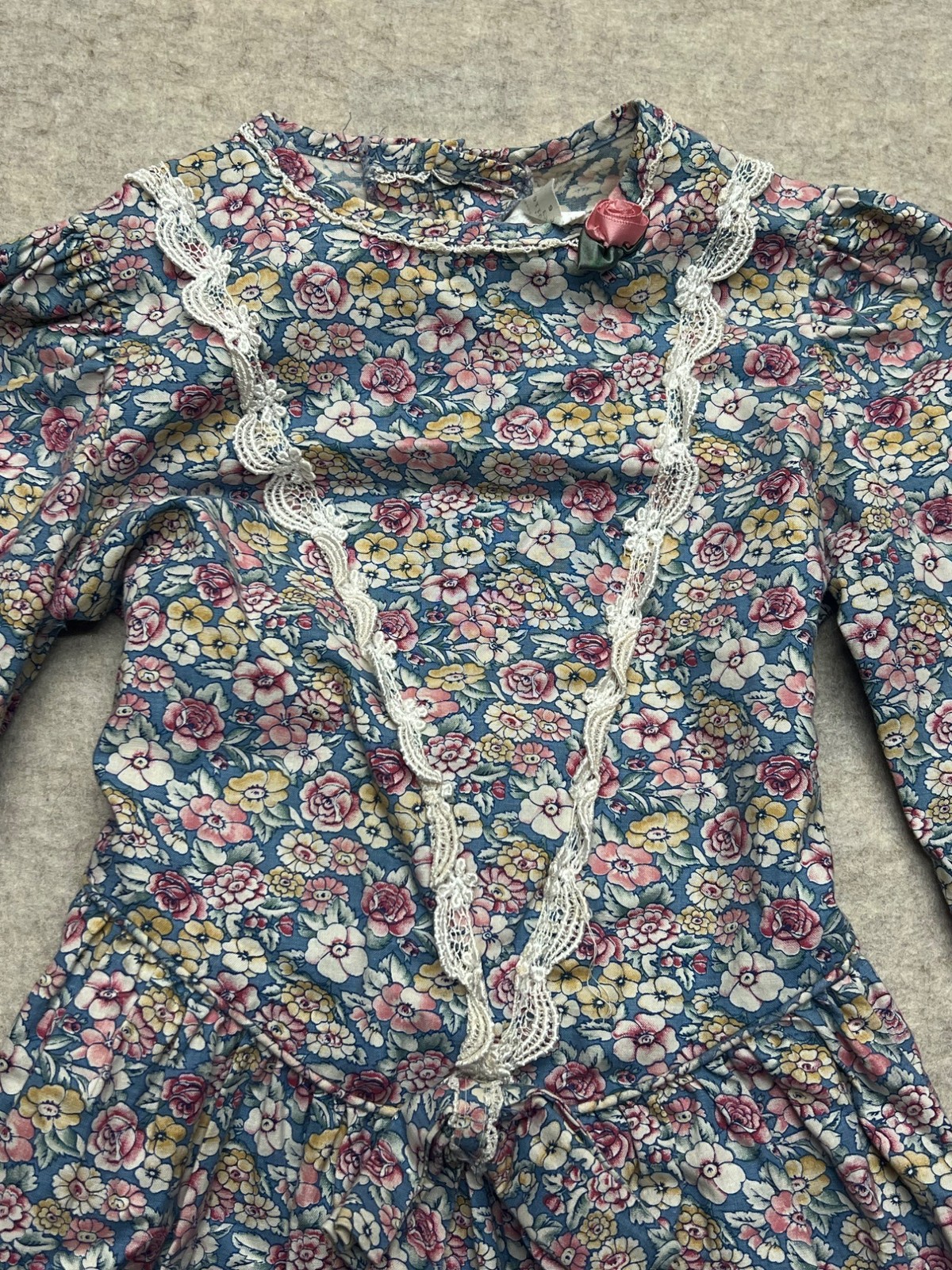 Vintage Peaches 'n Cream Floral Long Sleeve Prairie Dress Cottage Fairy 80s 6