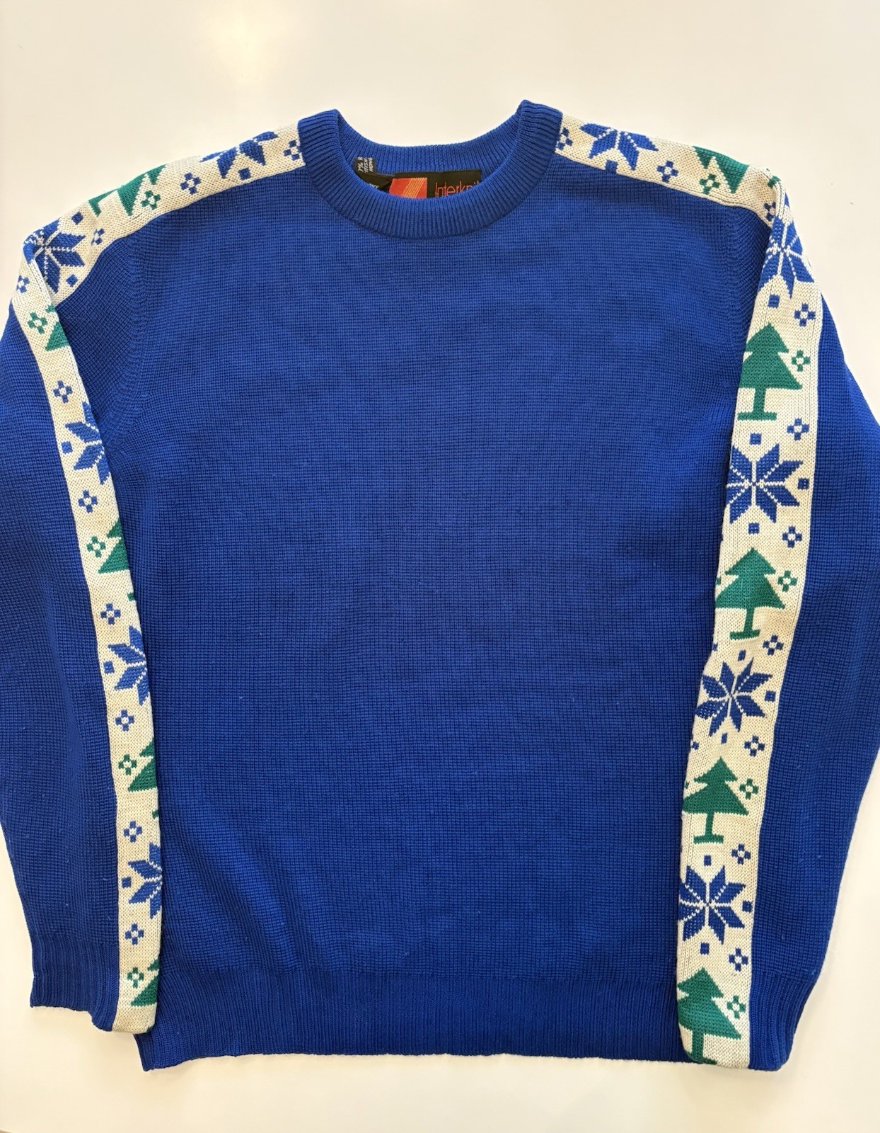 Vintage 70s Knit Wool Ski Sweater Blue Winter Pattern Sleeves Cascadia Large