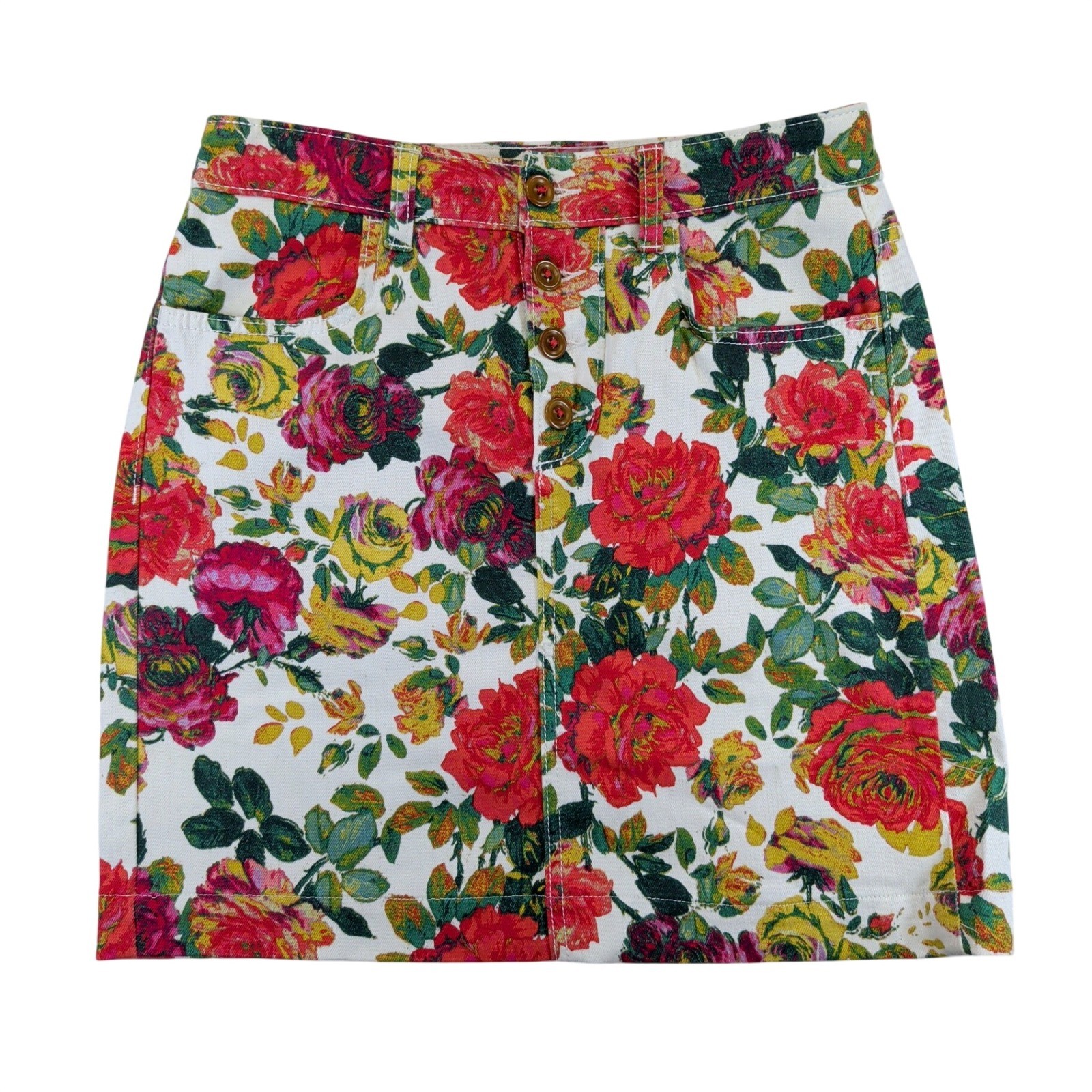 Maeve Anthropologie Floral Denim Mini Skirt Button Front Rose Print Size 4