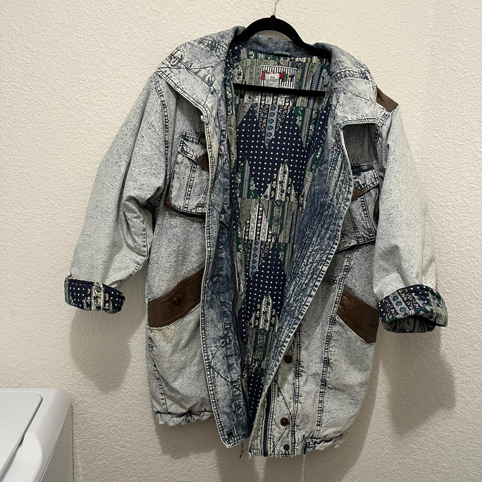 Vintage 80’s East West Acid Stone Wash Denim Coat Blue Jean Jacket Womens Sz XL