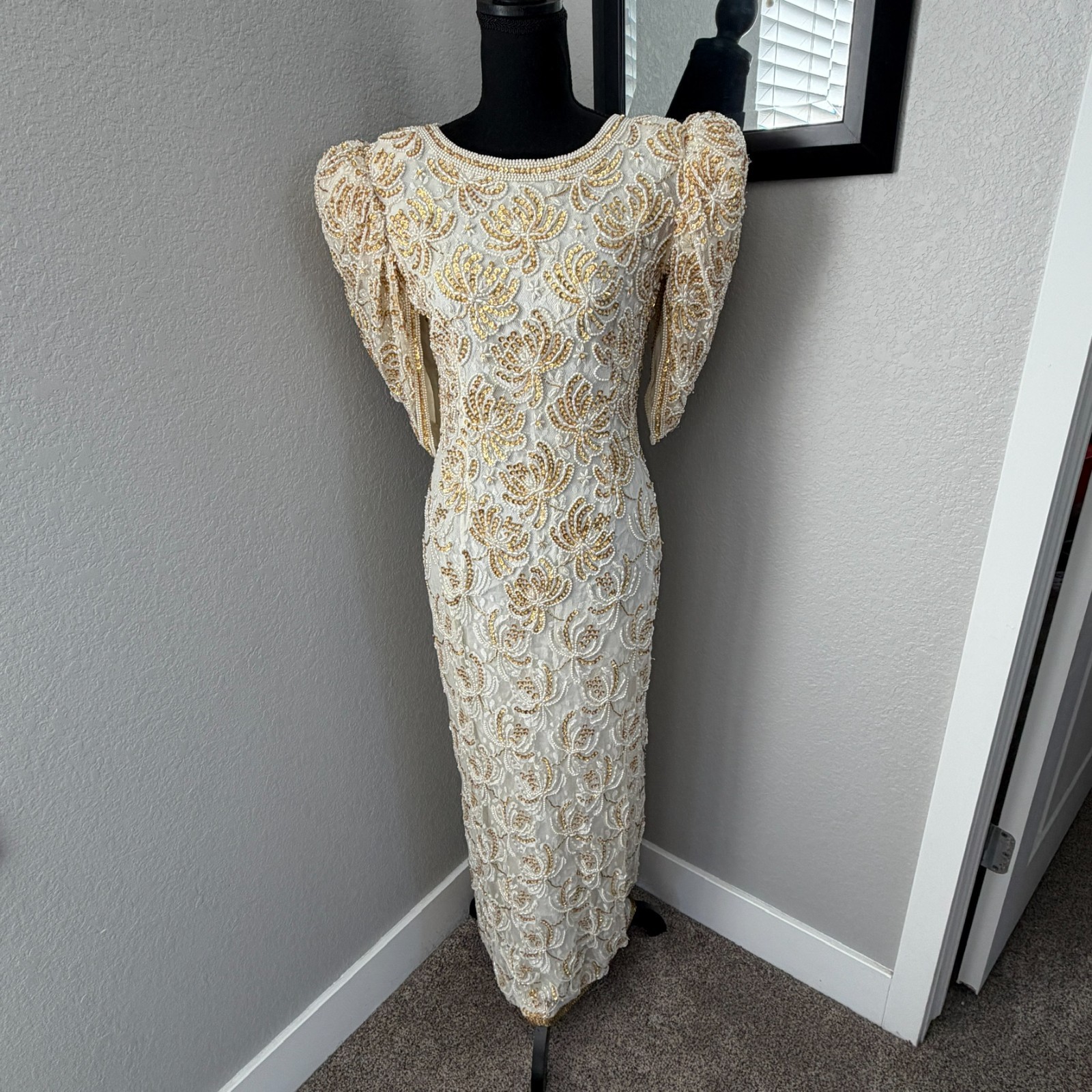 VINTAGE 80s Judith Ann Creations Ivory Gold Beaded Sequin Gown Dress Small