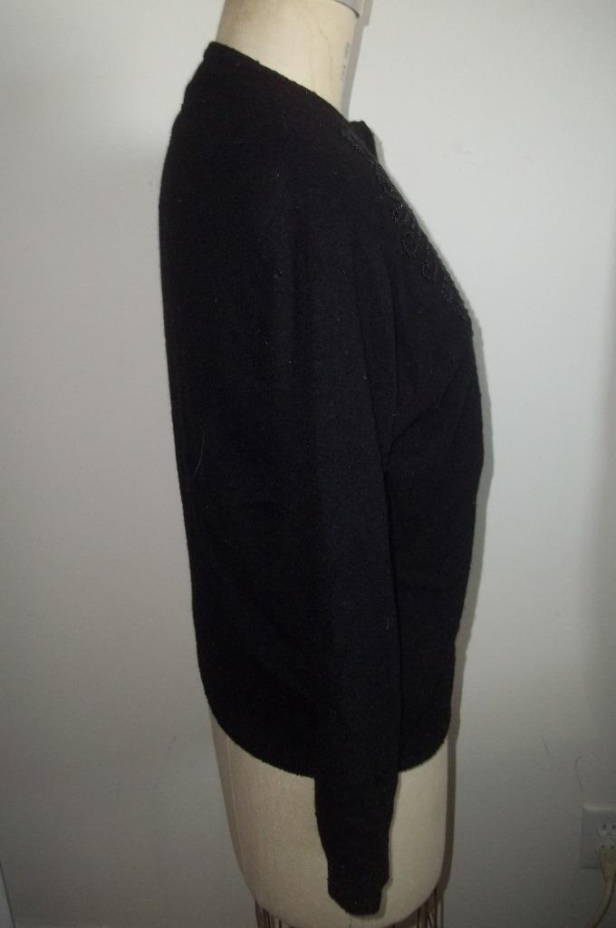 Vintage 50’s Black Beaded Floral Print Cardigan Sweater 44