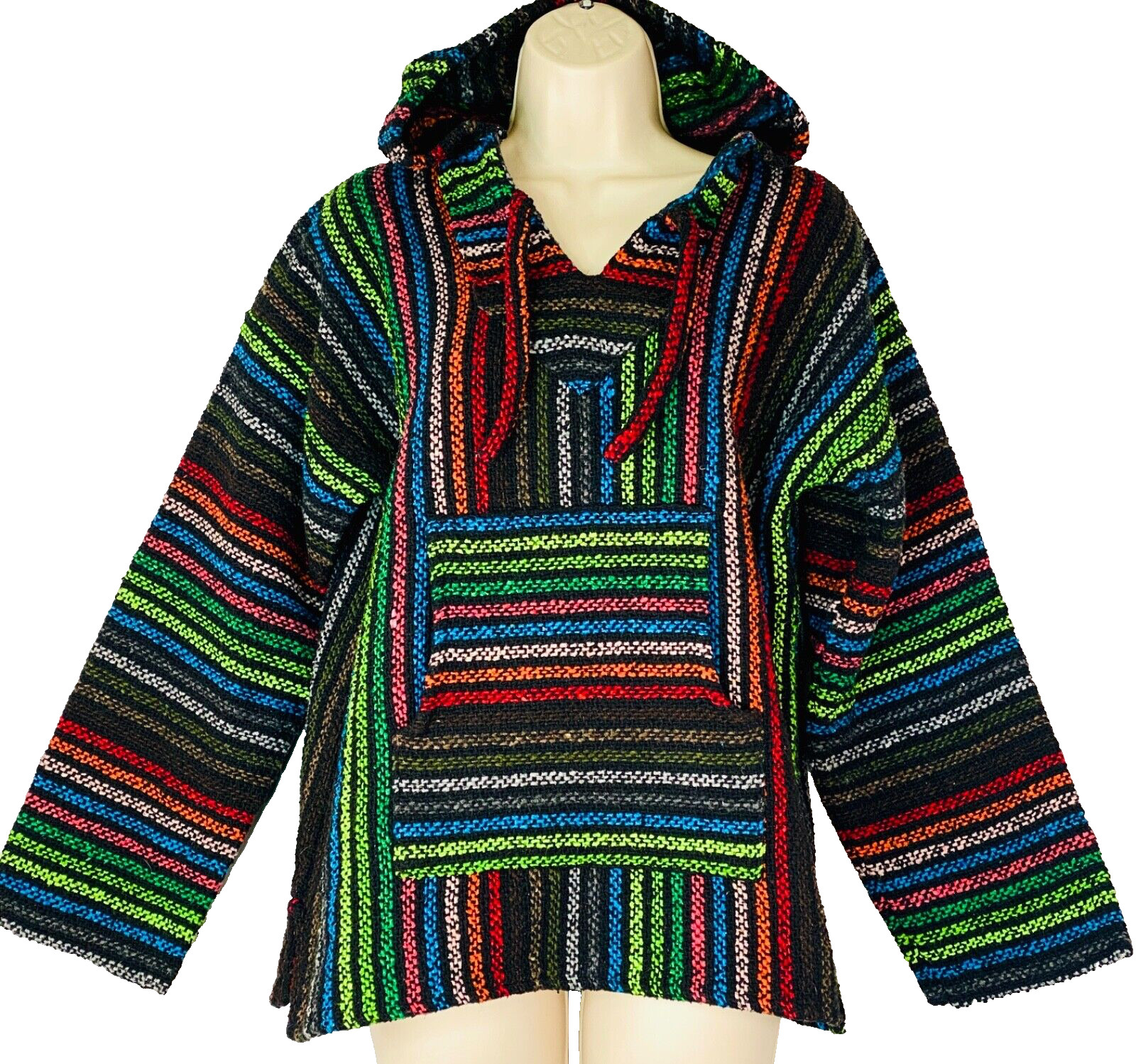 Vintage 1990s rainbow striped hoodie, Mexican rug cotton pocket hood woven M
