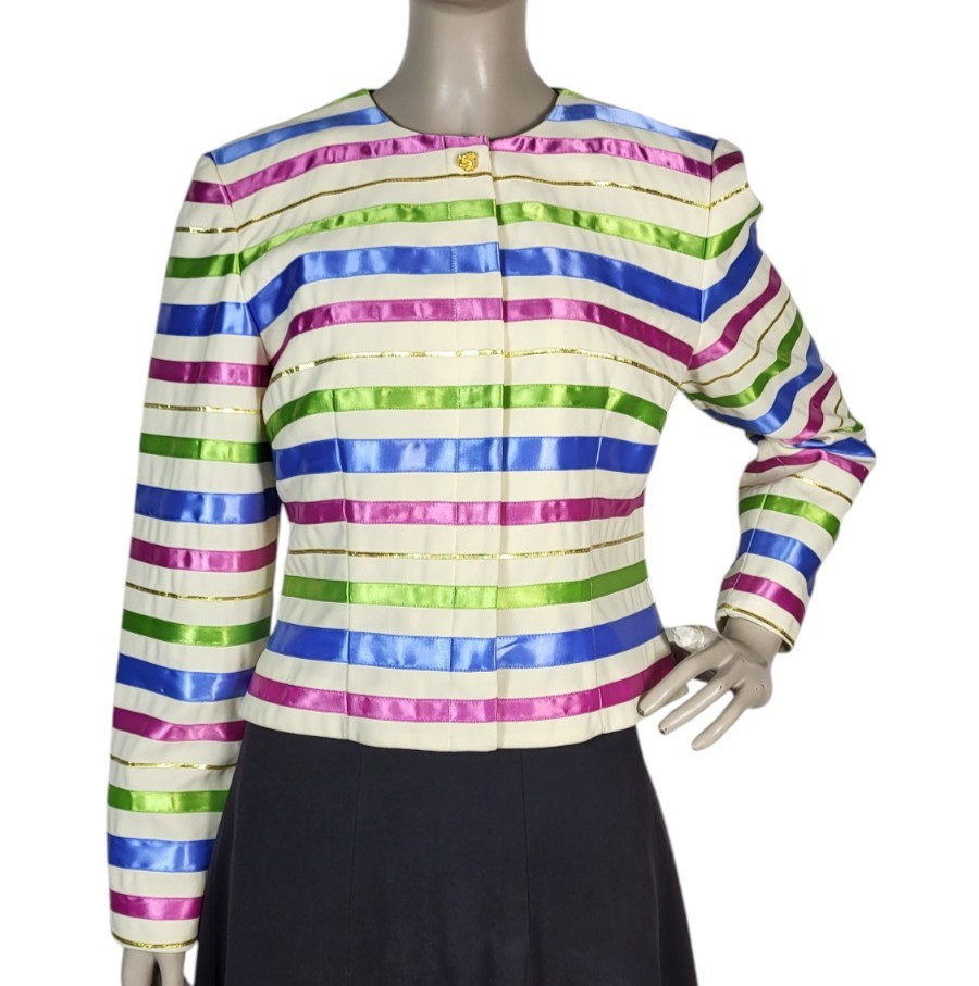 Vintage Satin Jewel Tone Metallic Ribbon Striped Blouse Jacket Maggy London