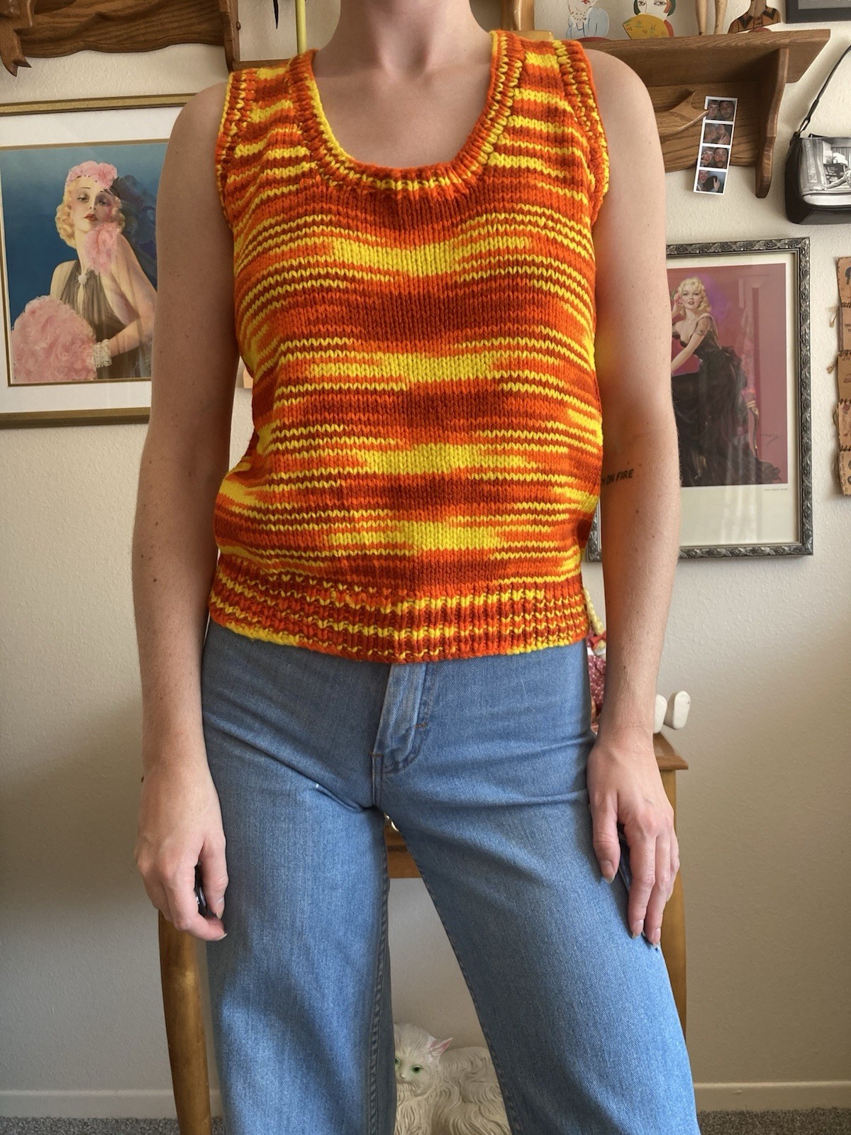 1970s Hand Knit Orange & Yellow Space Dye Sweater Vest