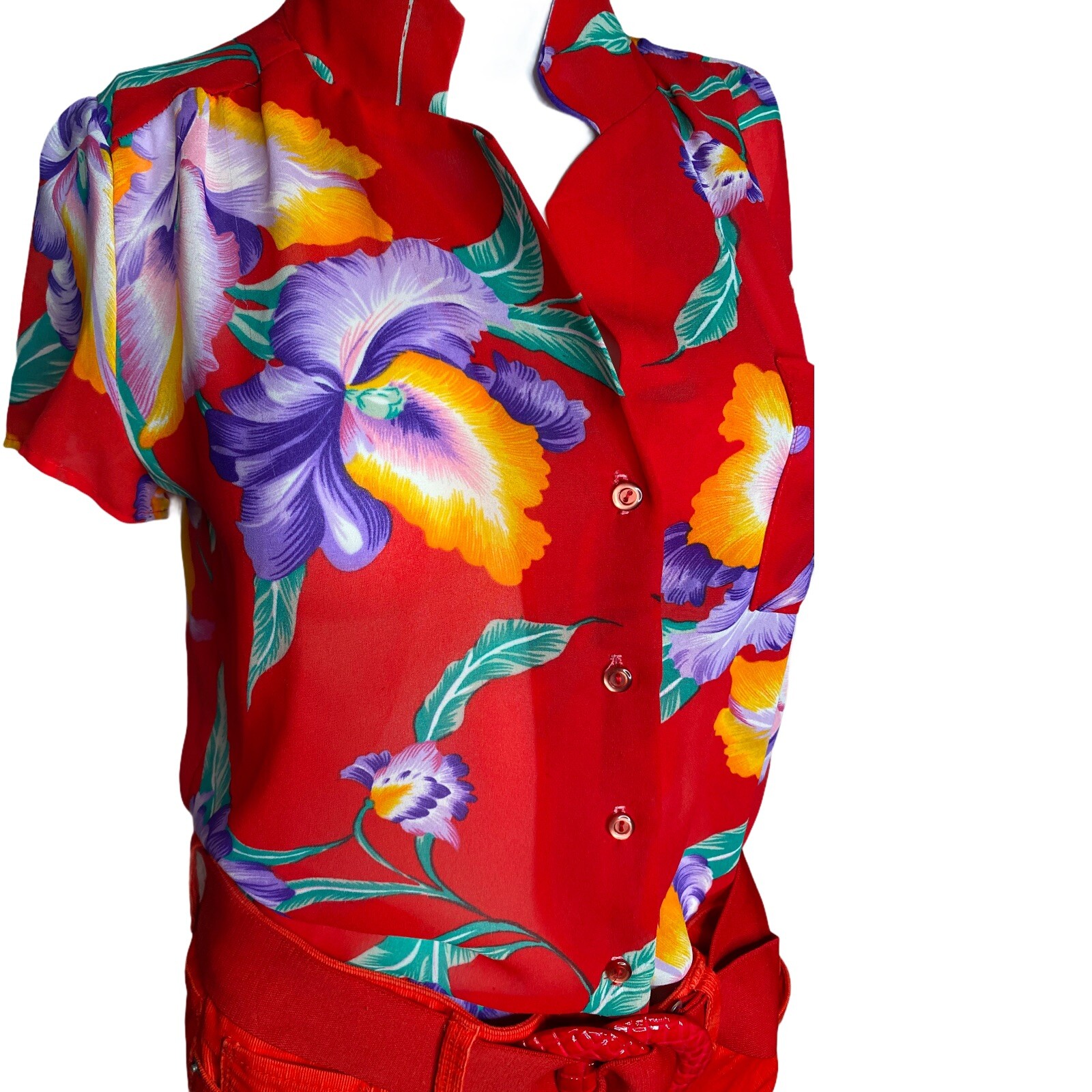 Vintage Colorful See Through women’s size Medium hawaiian Summer Floral Print