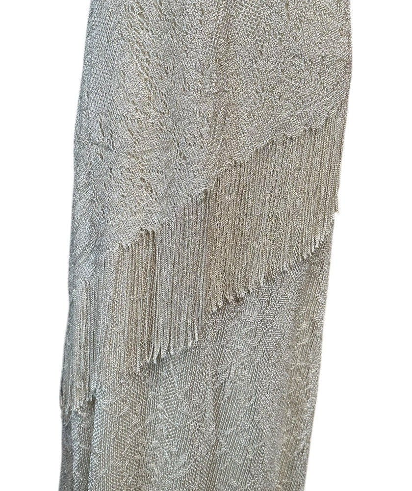 Vtg SL Fashions Cream Gold Lame Sparkly Formal Long Party Dress with Fringe 6
