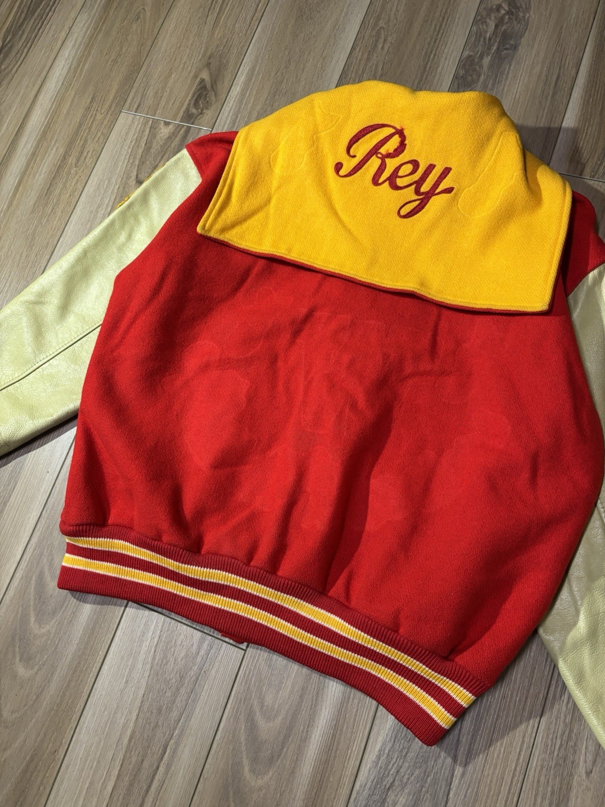 Vintage Letterman Jacket Red Yellow Trojan Woman’s Size L/XL Sailor Collar