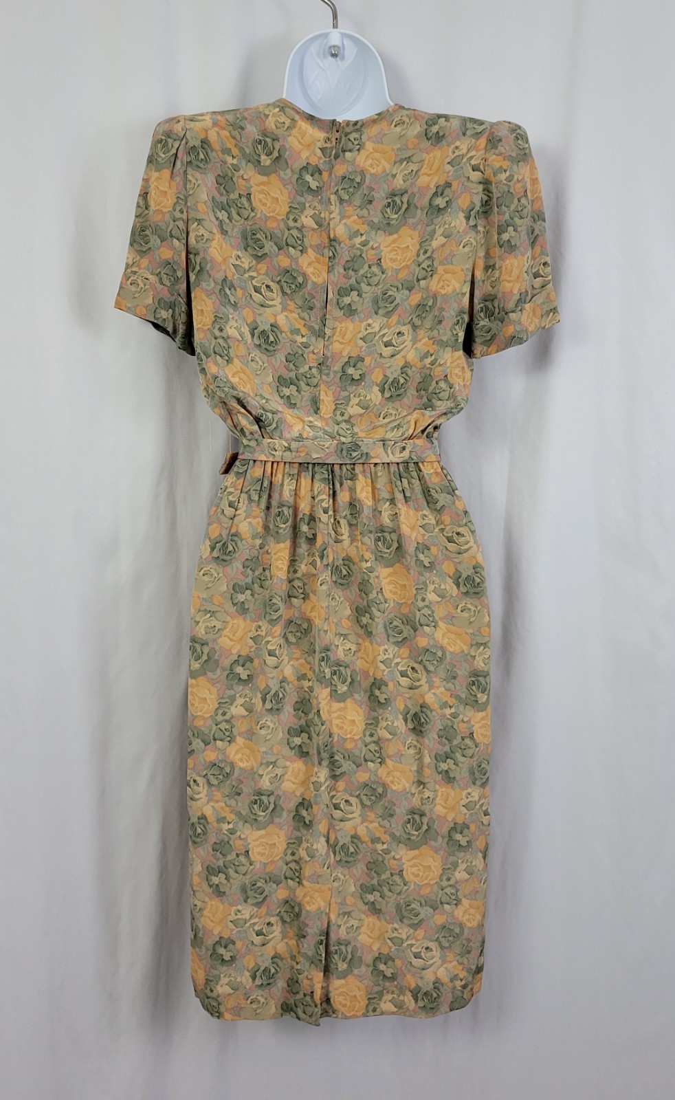 Vintage Taurus II Muted Green & Gold Floral Blouson Dress w Belt Size 4