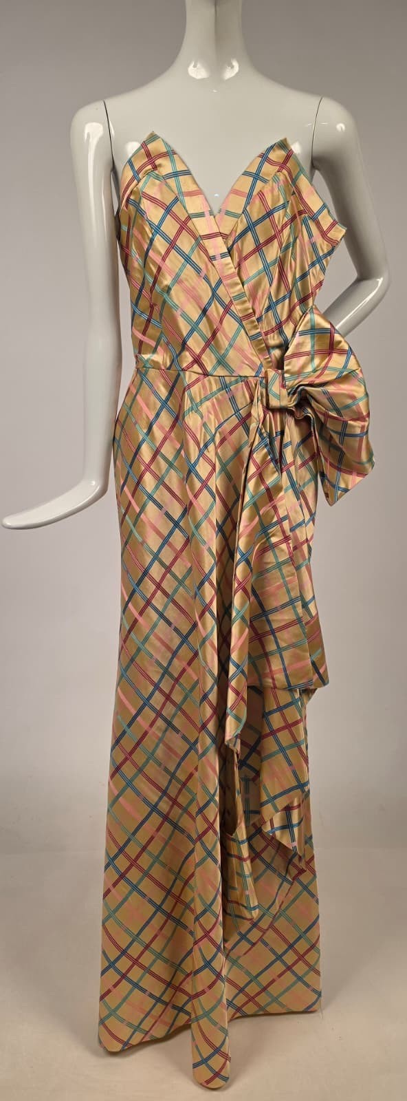 GLAMOUR 1940’S MULTICOLORED WINDOWPANE SILK EVENING GOWN DRESS W BOW DETAIL