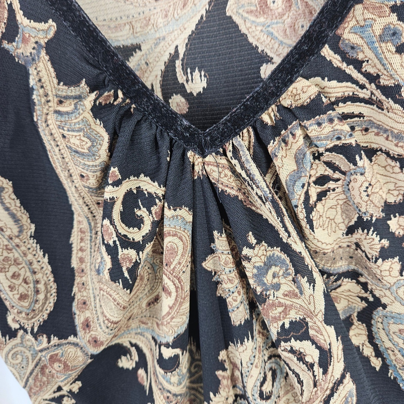 Wet Seal Vtg Y2K Paisley Mesh Long Bell Sleeve Top Black Gold Velvet Curl Trim L