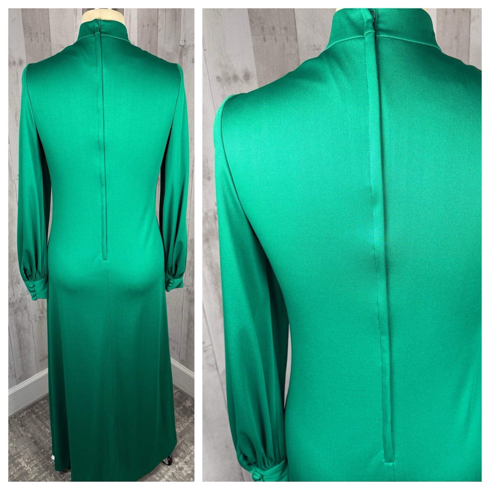 Vintage 1970s MOD Emerald Green Maxi Gown Elegant Poly Retro Size L/12