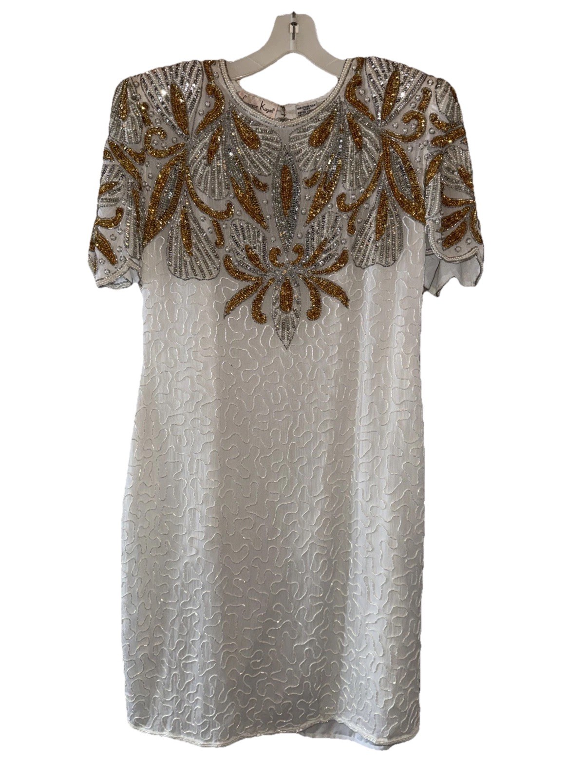 Vintage Laurence Kazar Beaded Silk Dress XL Ivory Gold Sequin Cocktail