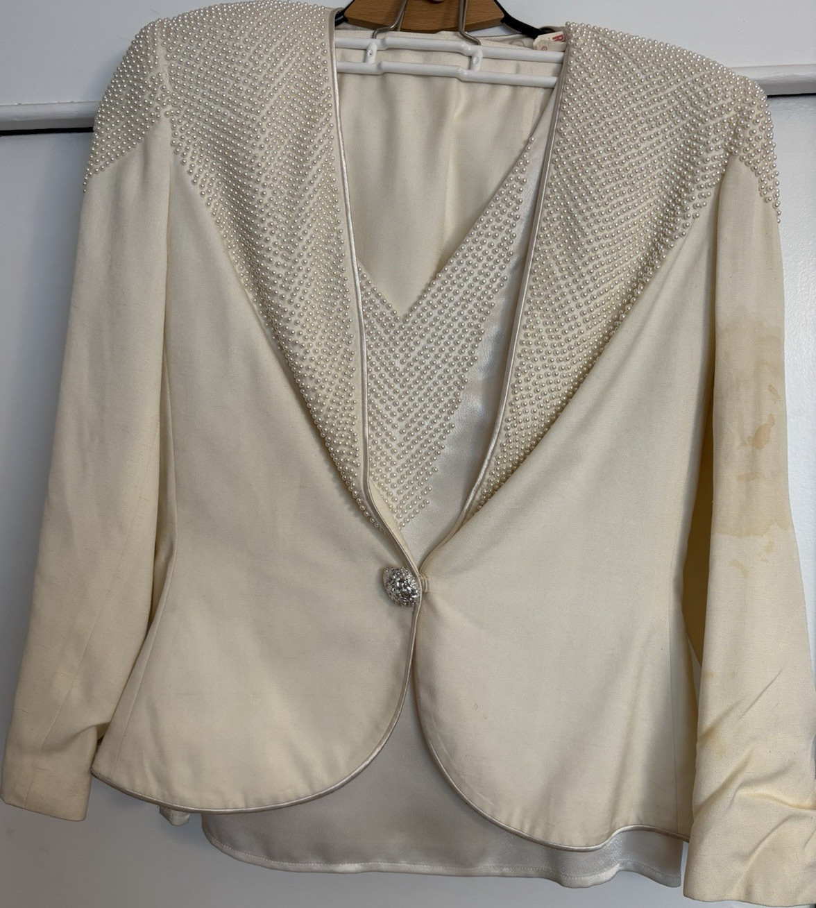 Nolan Miller Ivory Pearl Embellished Skirt Suit Set Viscose Silk Size 10