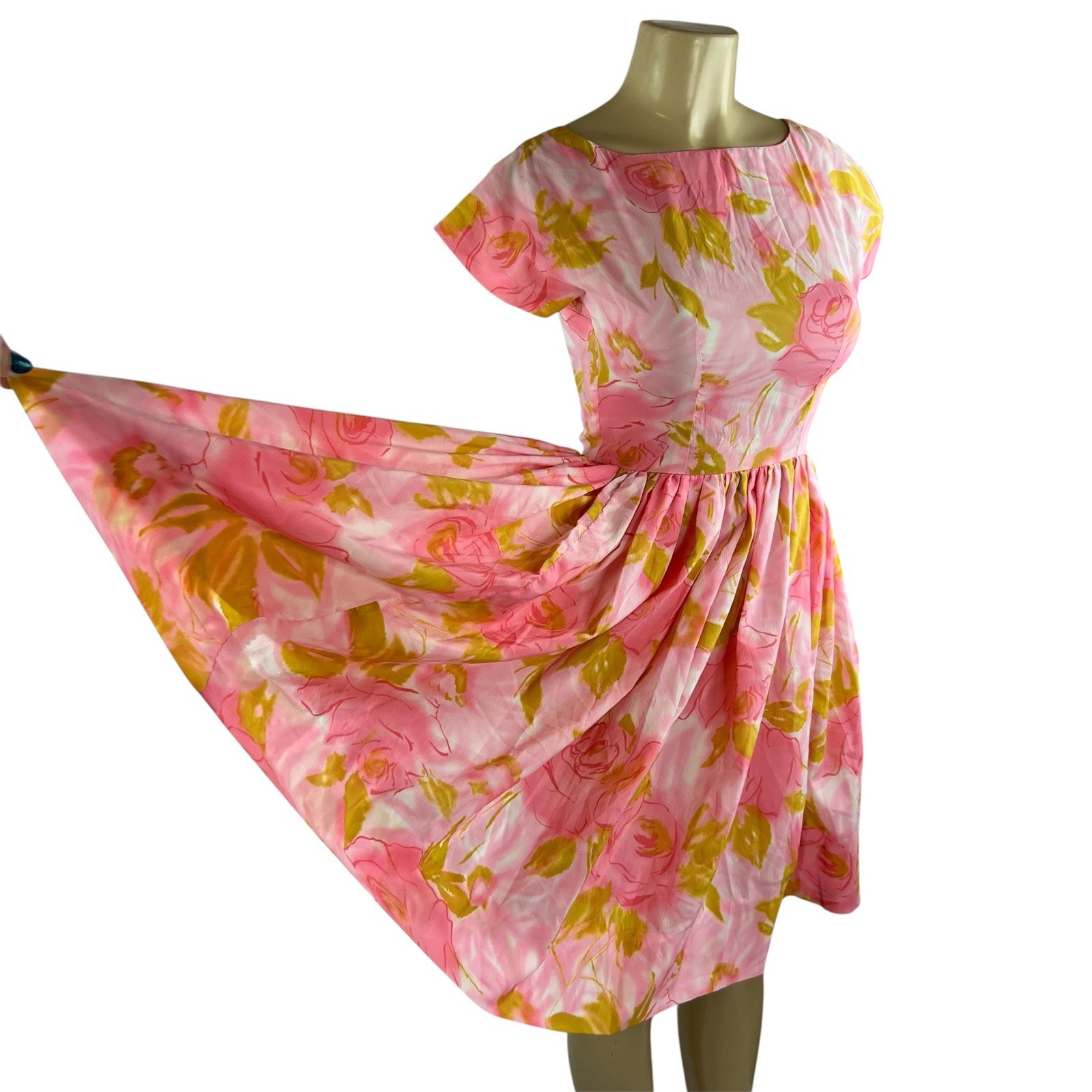 1950s Dress Vintage Pink Floral Rose Print Full Skirt A Line Retro Rockabilly