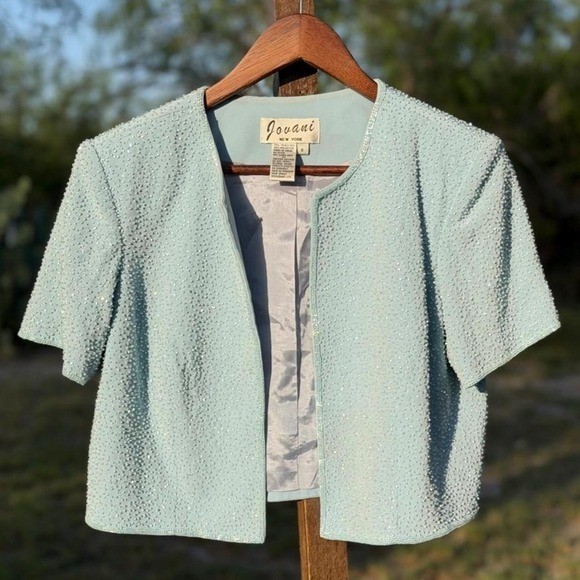 Jovani Beaded Ice Blue Bolero Jacket Size 8 Vintage Cover Up