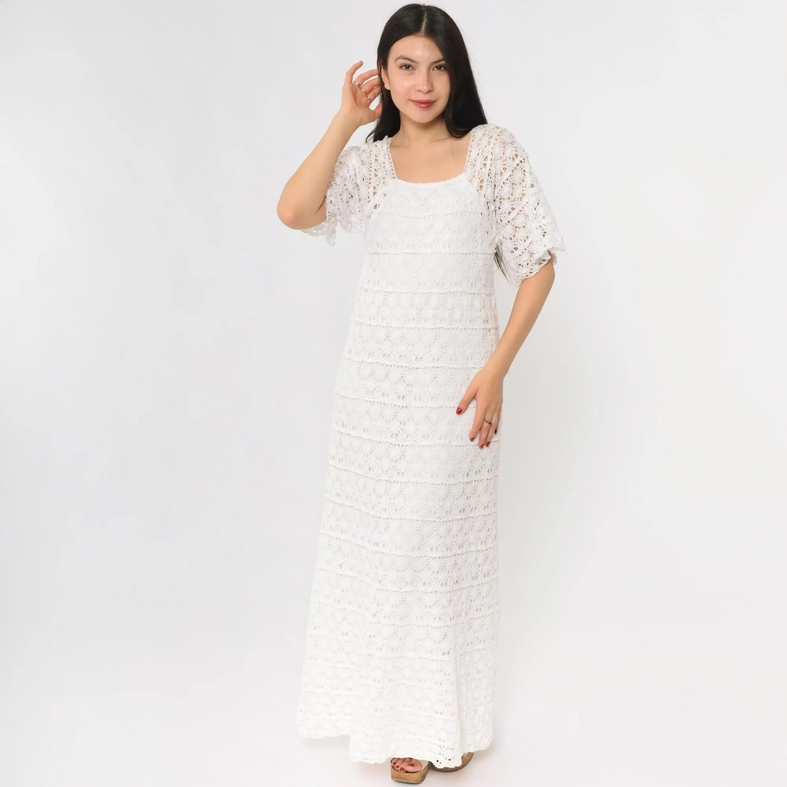 60s Wedding Dress White Crochet Lace Maxi Long Sleeve Vintage Bohemian Prairie M