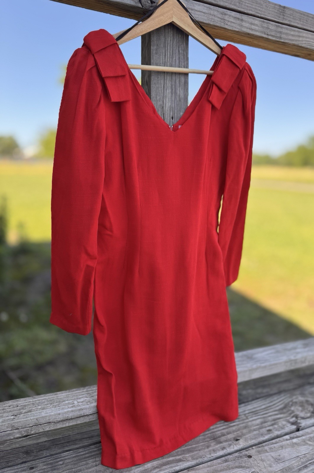 Vintage 80s Red Cocktail Dress Bodycon Midi Long Sleeve Bow Detail Formal Sz 5/6