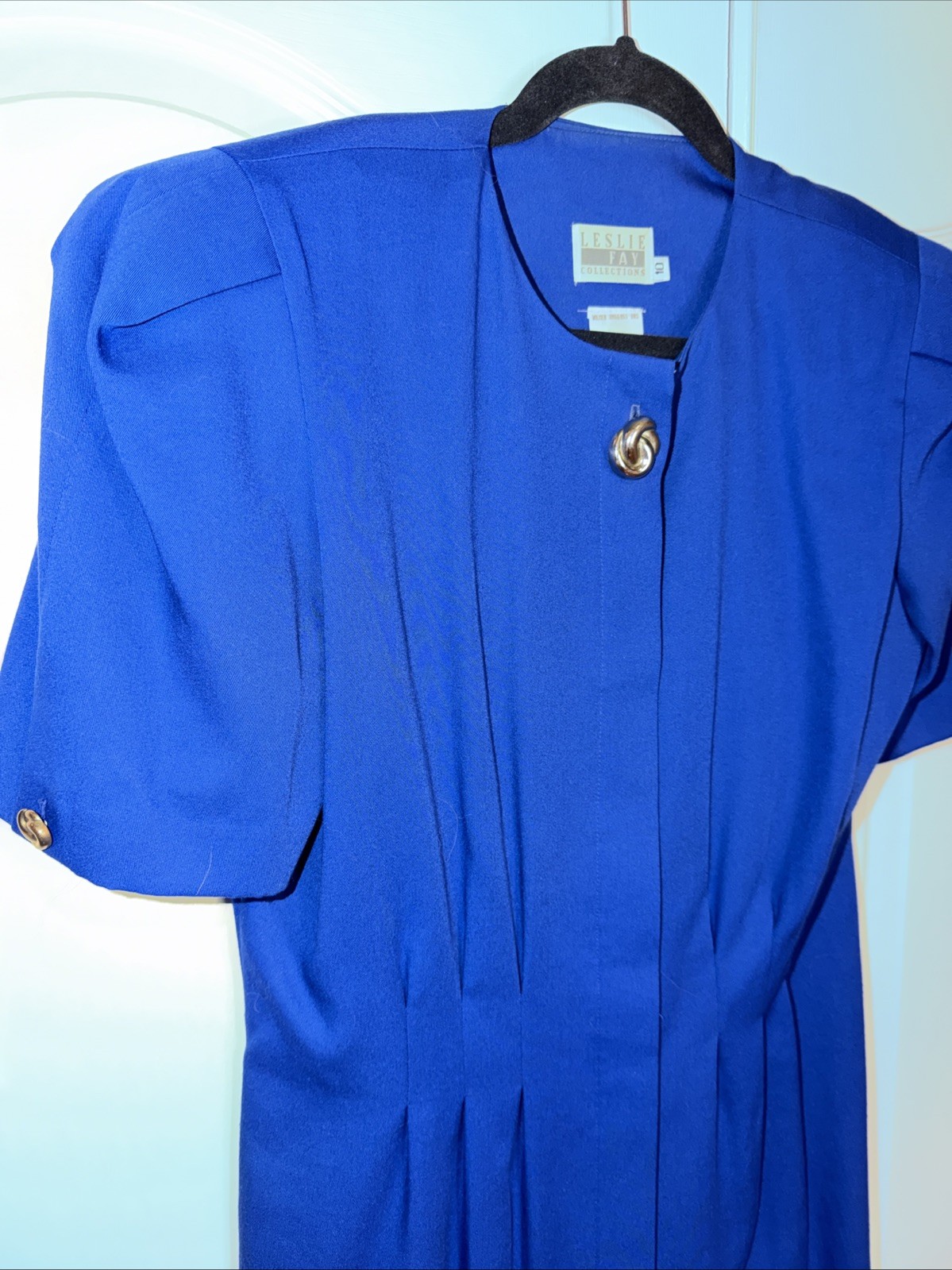 LESLIE FAY Vintage Shirt Dress Blue Pleated Buttons Midi Career 80s 90s USA