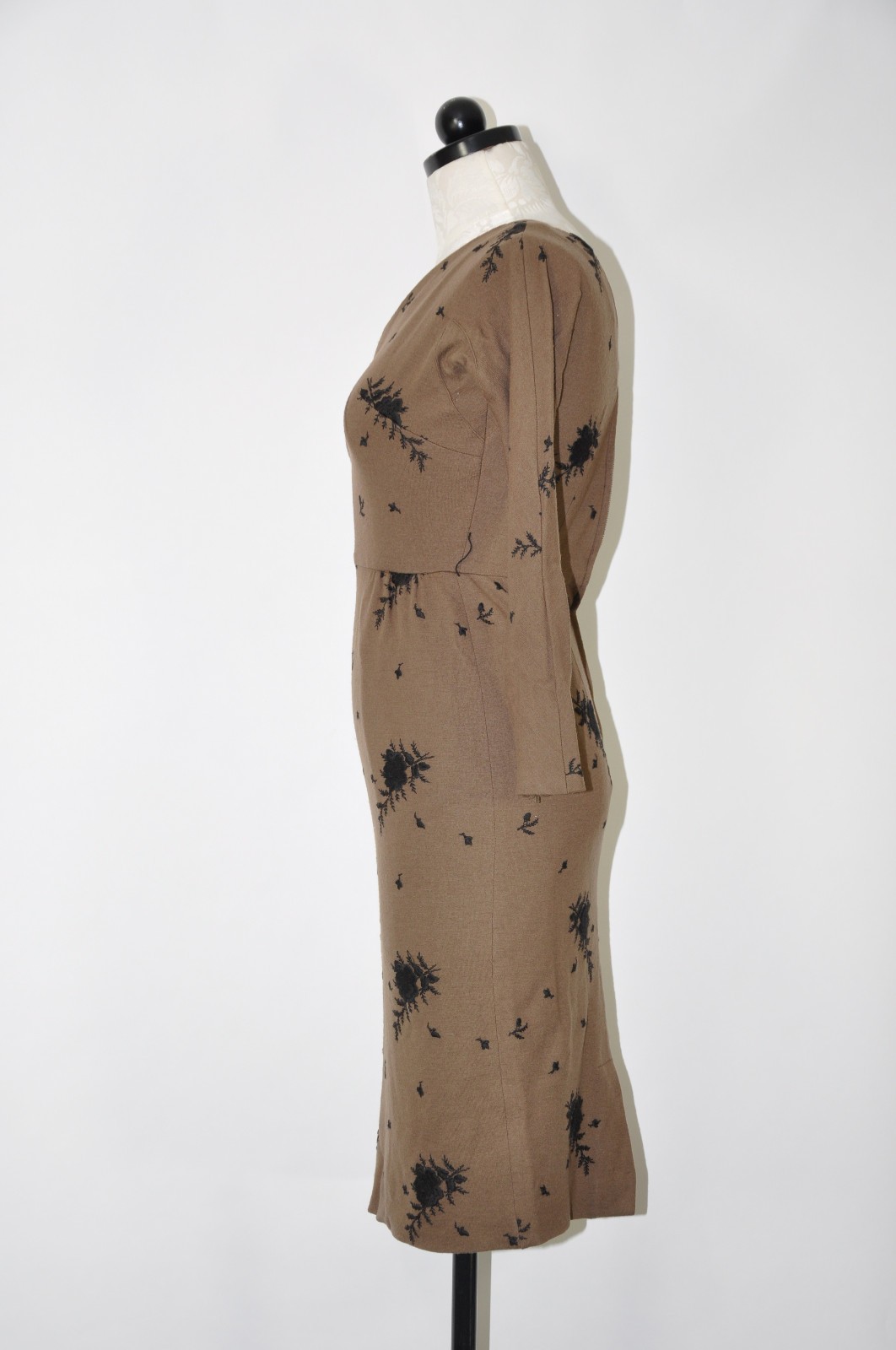 60s Vintage Brown Wool Rose Floral Embroidery Midi Sheath Wiggle Dress Women XS