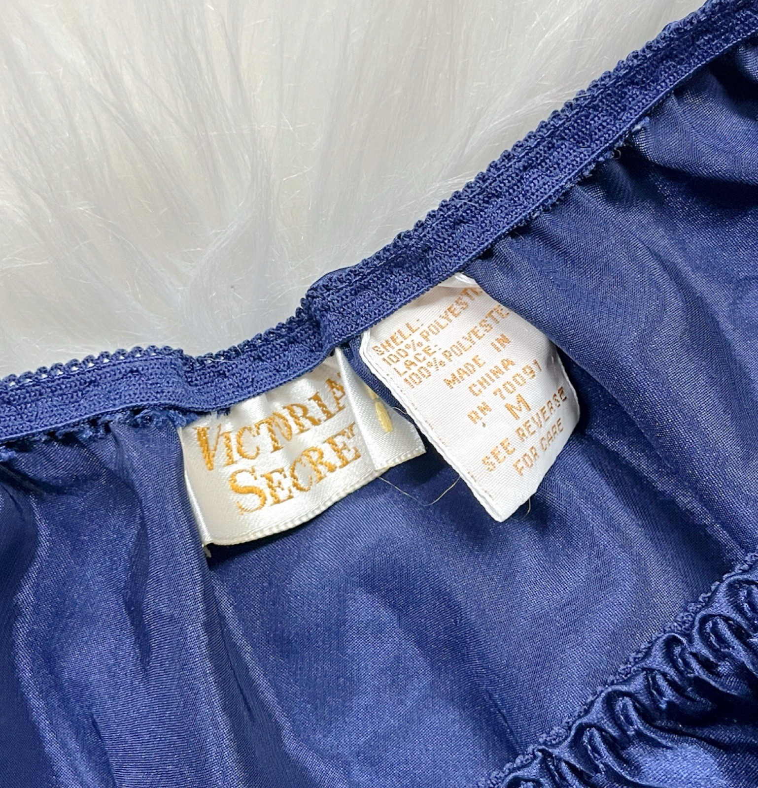 Vintage 80s Victorias Secret Satin Silky Lace Soft High Cut Dark Blue Panties M