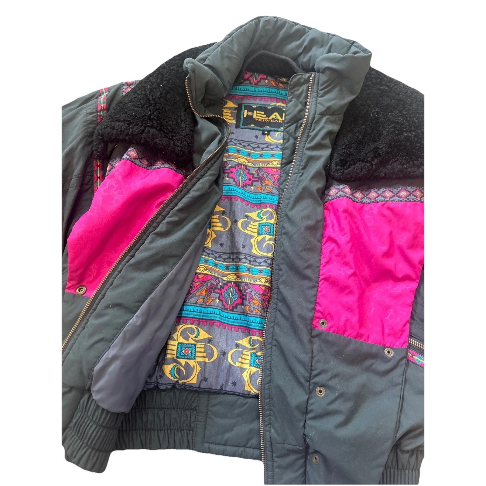 VTG Head Skiwear Women Sz 8 M BLK Southwestern Embroidery Bomber Ski Jacket 1202
