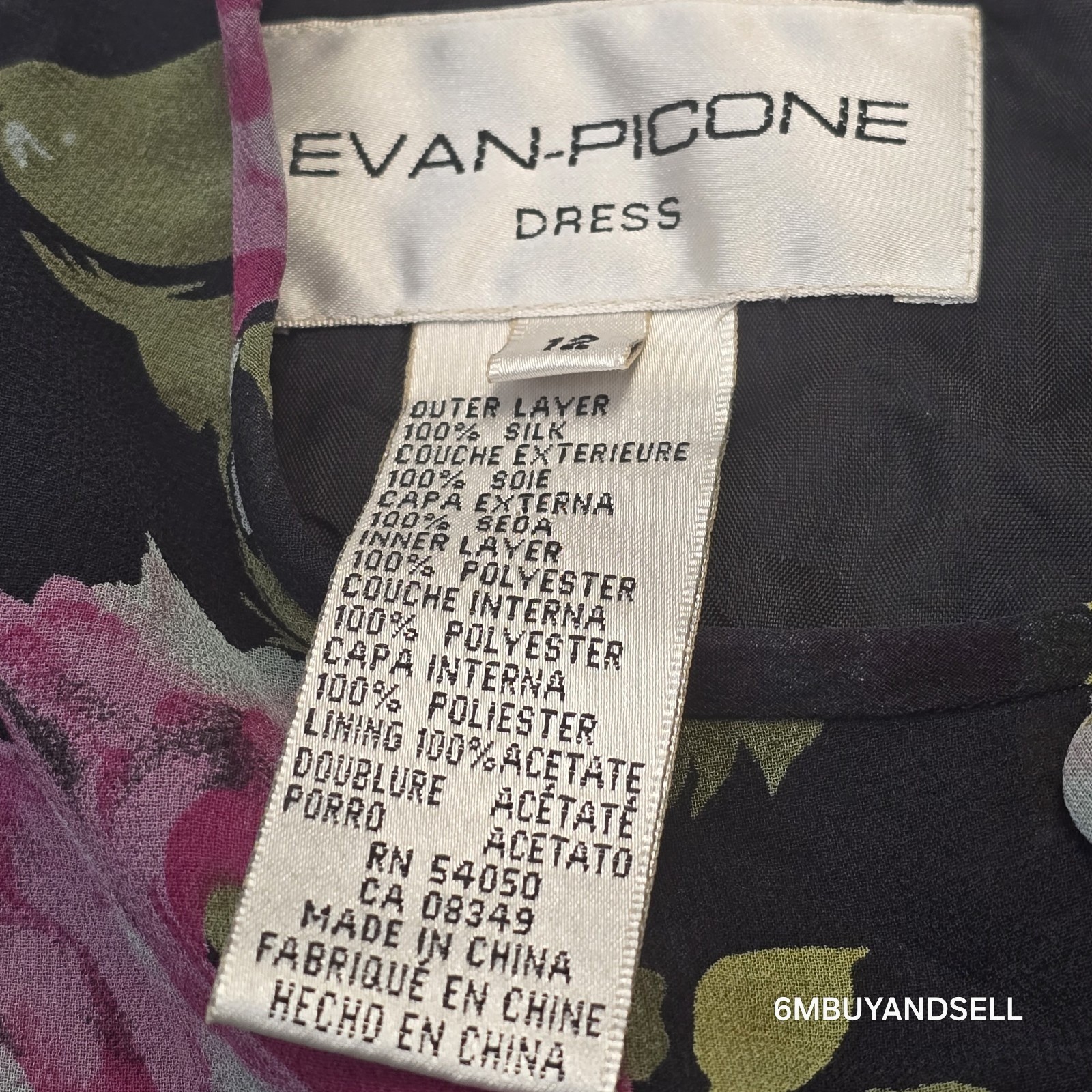 Evan-Picone Vintage 90s Silk Floral Midi Dress 12 Black Pink Purple 3/4 Sleeve
