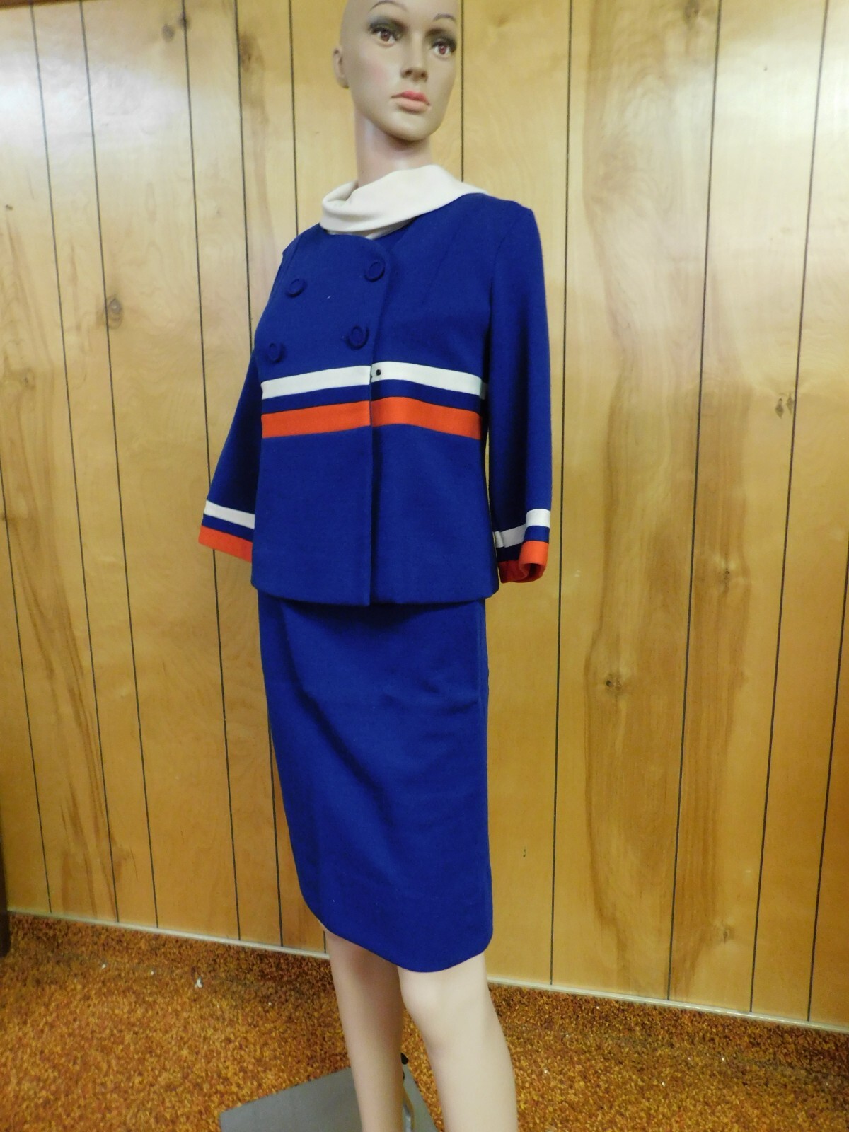 Vintage JUDY WAYNE Blue Sweater 3 pc set Skirt Blouse Jacket Waist 28-30″