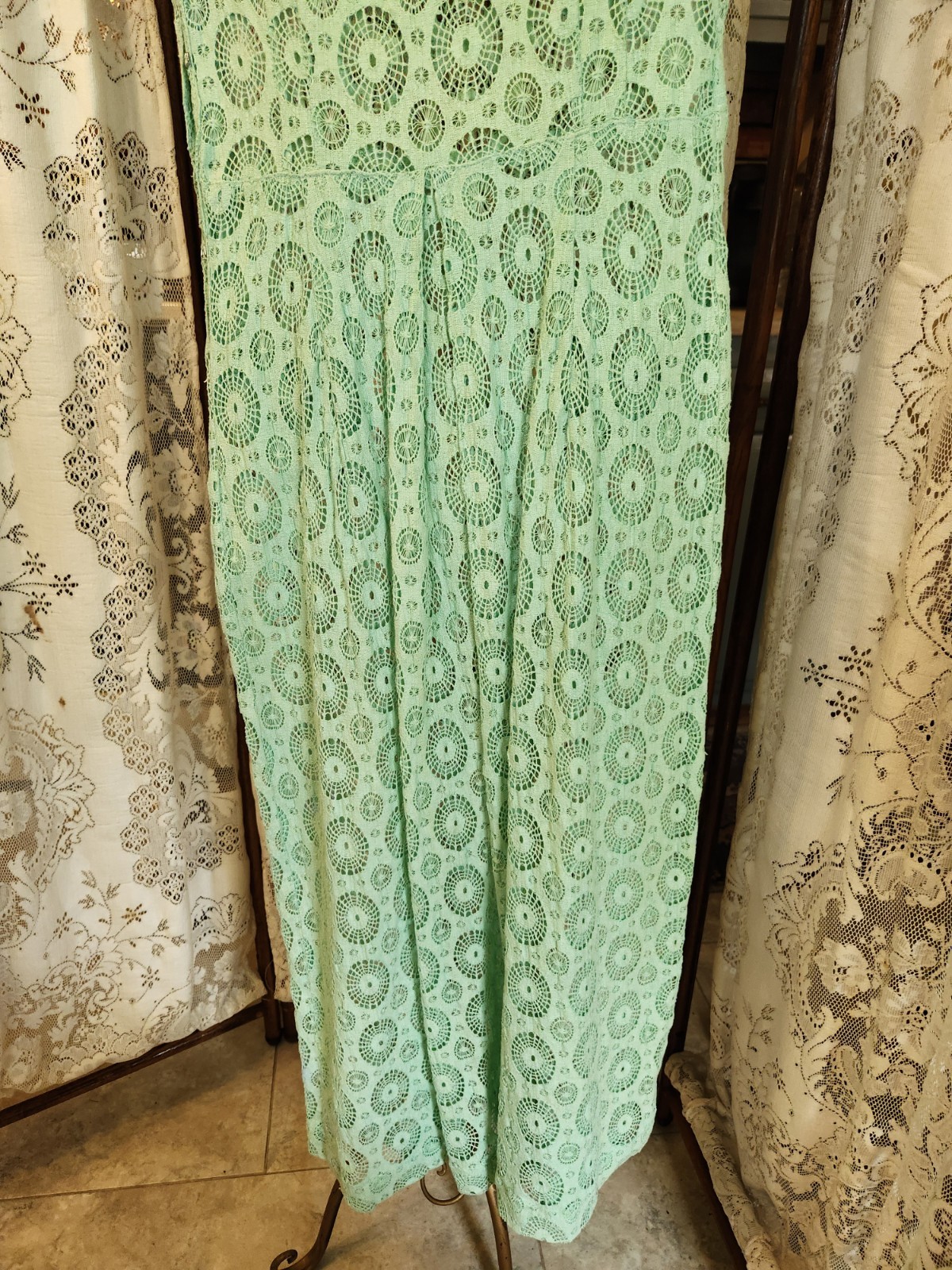 1930s Aqua Cotton Crochet Lace Dress with Cap Sleeves and Pockets XS