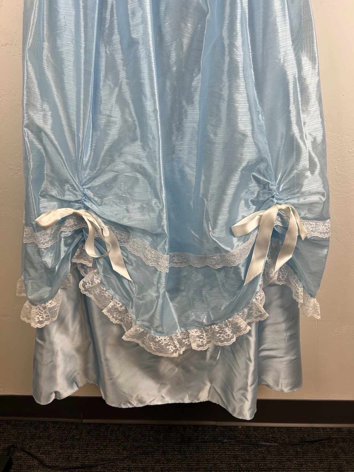 Vintage 70s Formal Blue Satin Gown Lace Trim Bows Princess Theatrical Costume