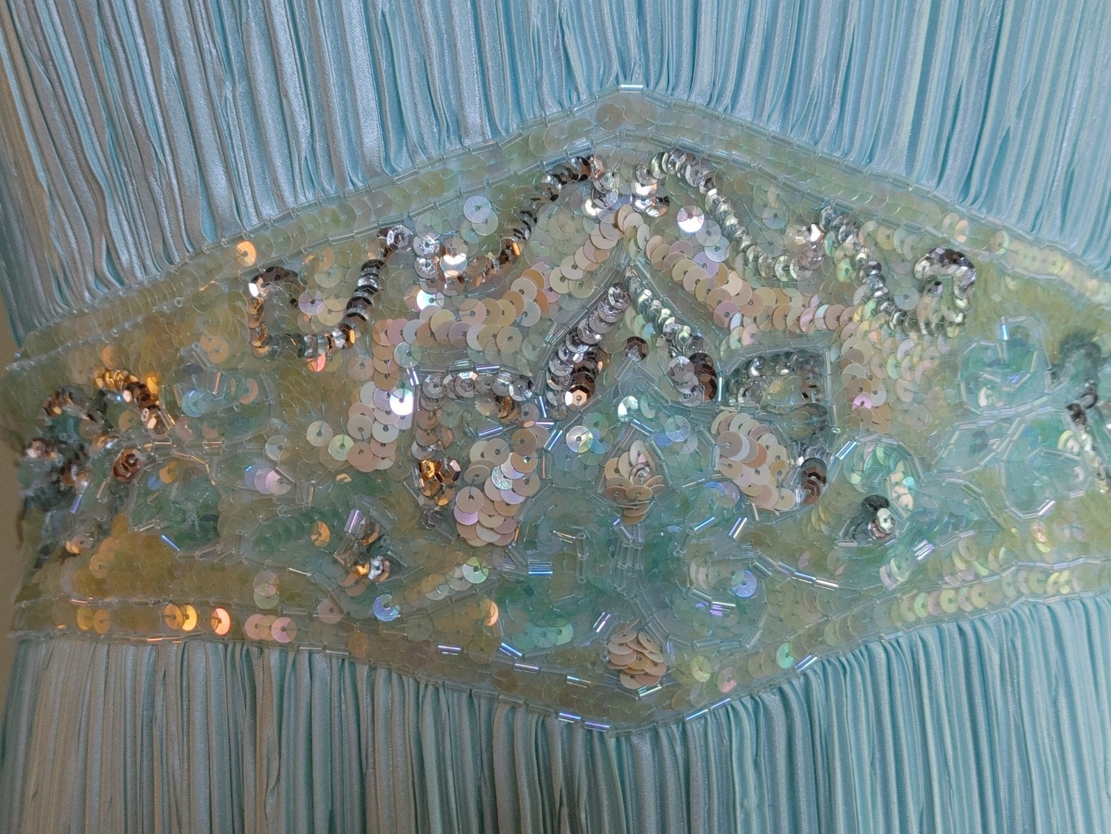 Vintage Ricki Lang Nuit Fortuny Pleat Evening Dress Deco Sequin 14 USA Union tag