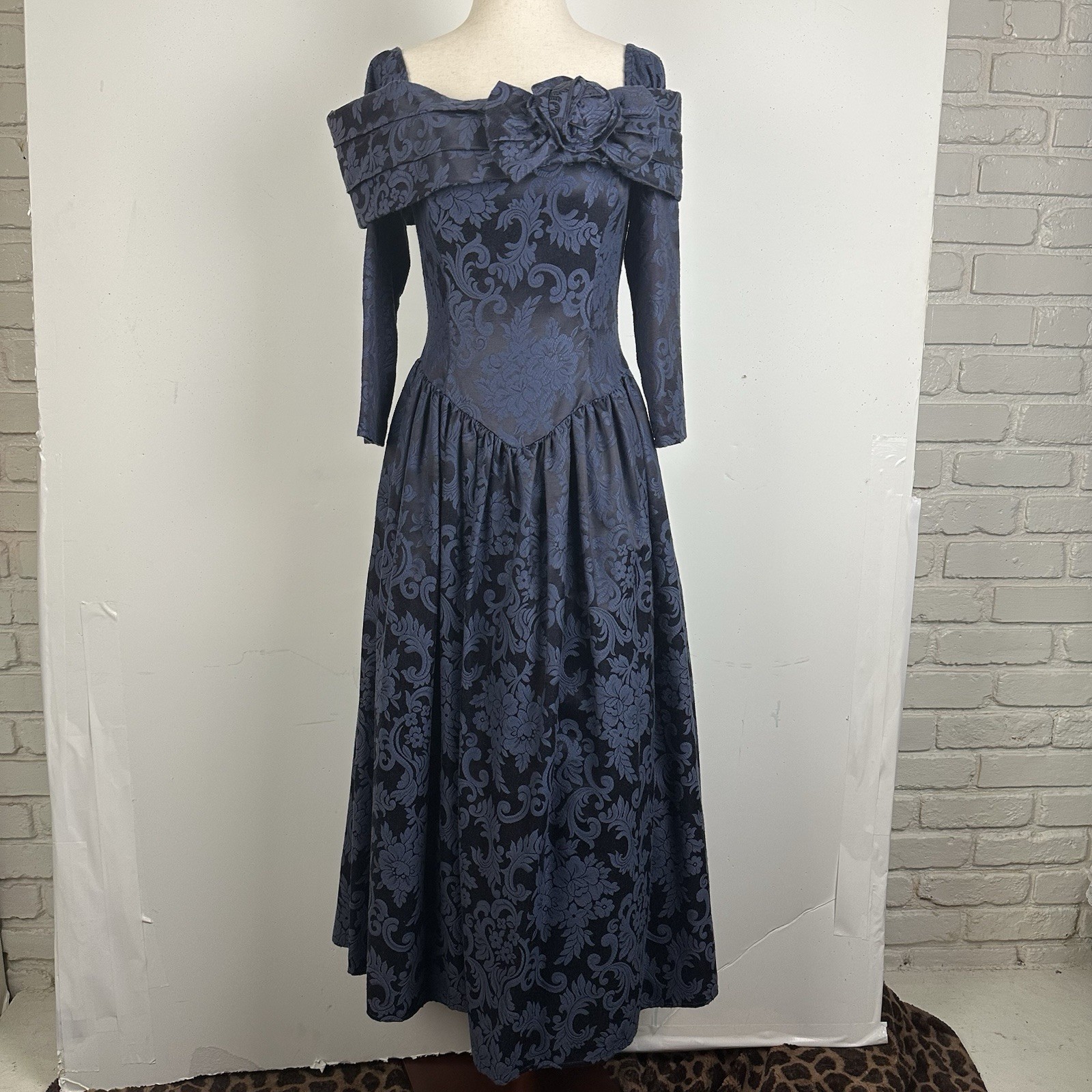 Vtg Scott McClintock Navy Brocade Midi Dress Off Shoulder 80s Victorian Party 6