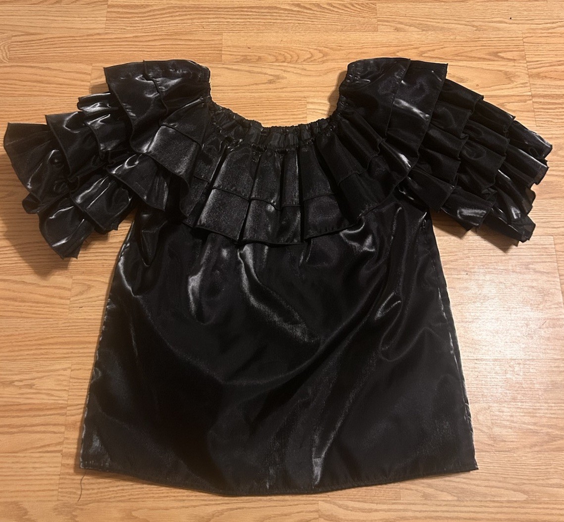 Vintage Black Satin Shimmer Ruffle Square Dance Western Top Small Peasant Blouse