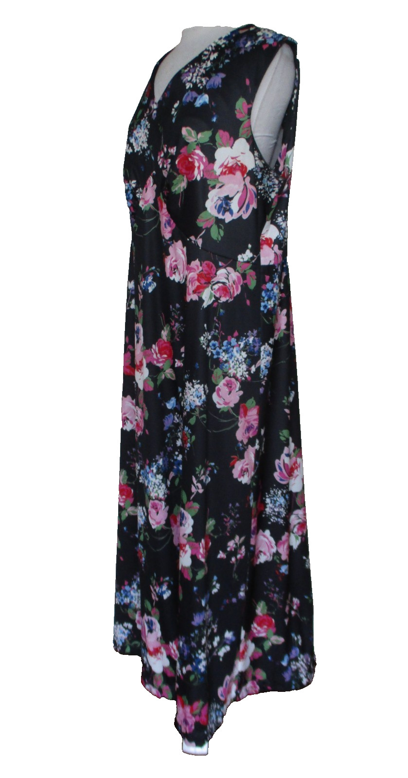 Vintage 70s Plus Size Maxi Dress Black Floral Print Size 22 Women Sleeveless