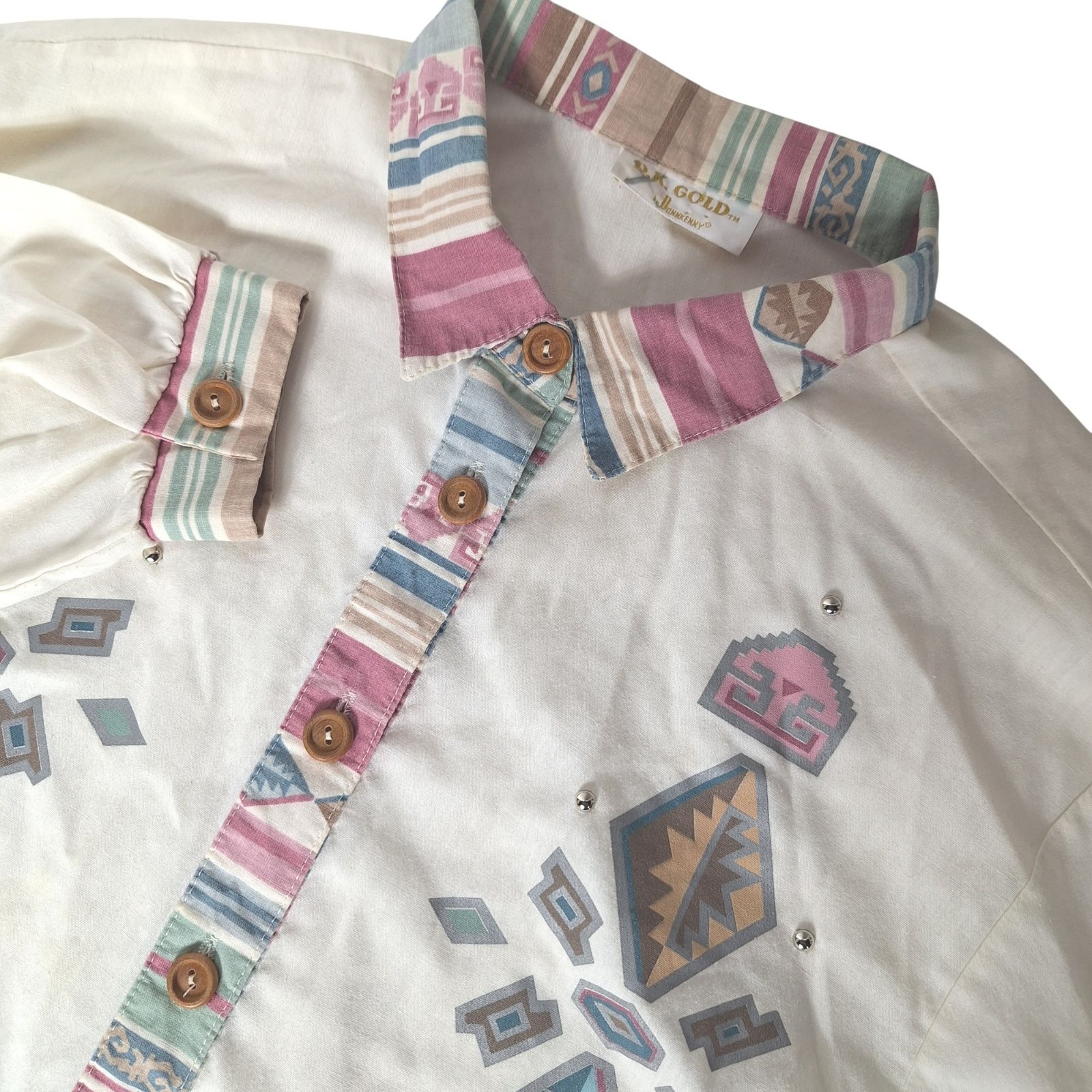 Vtg 90s DK Gold Southwestern Shirt Med Bold Geometric Print Wood Buttons Retro