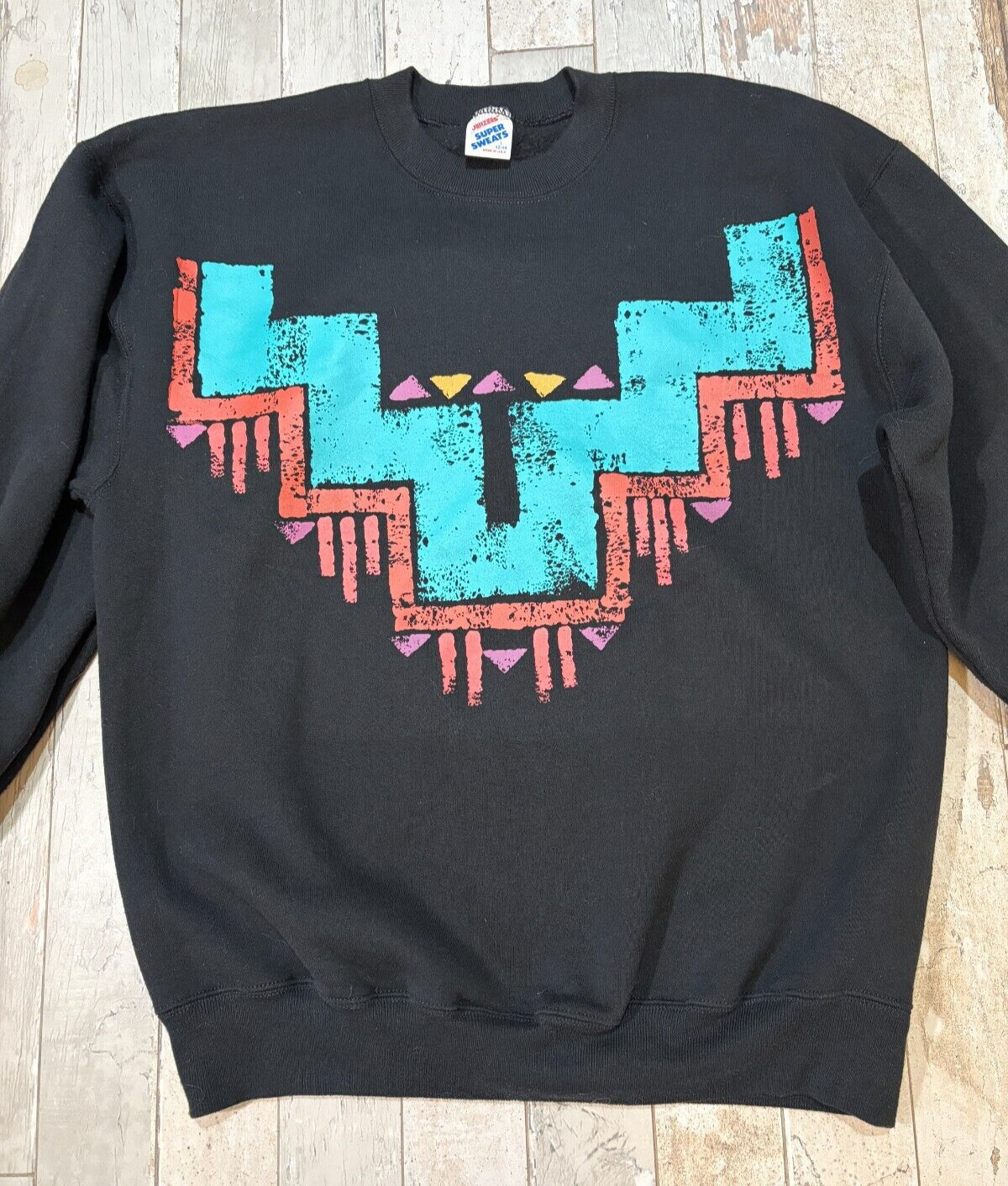VTG 90s Jerzees Super Sweats Aztec Graphic Print Sweatshirt Black Size L Tribal